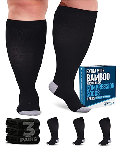 Doctor's Select 3 Pairs Plus Size Compression Socks Wide Calf | Bamboo Viscose Knee High Extra Wide Calf Compression Socks Women & Men | Black - Black - 3 Pairs - 3X-Large