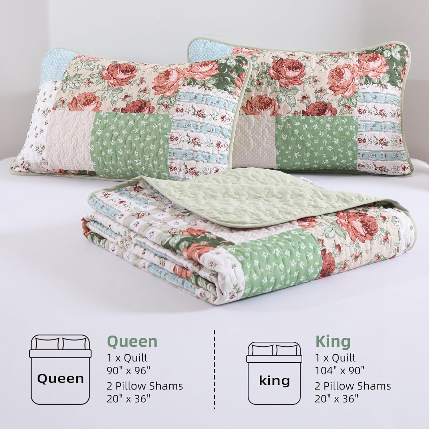 Anibedding Green Patchwork Quilt Set King Size, Bohemian Red Flower Green Plaid Bedspread Coverlet Set with Pillowcases, Soft Microfiber Summer Quilt Floral Bed Cover for All Season (110''x90'') - Image 7