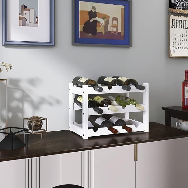 SMIBUY Botellero de bambú, Soporte para 12 Botellas, estantes de Almacenamiento Independientes de 3 Niveles para Cocina, despensa, Bodega, Bar (Blanco) - 2