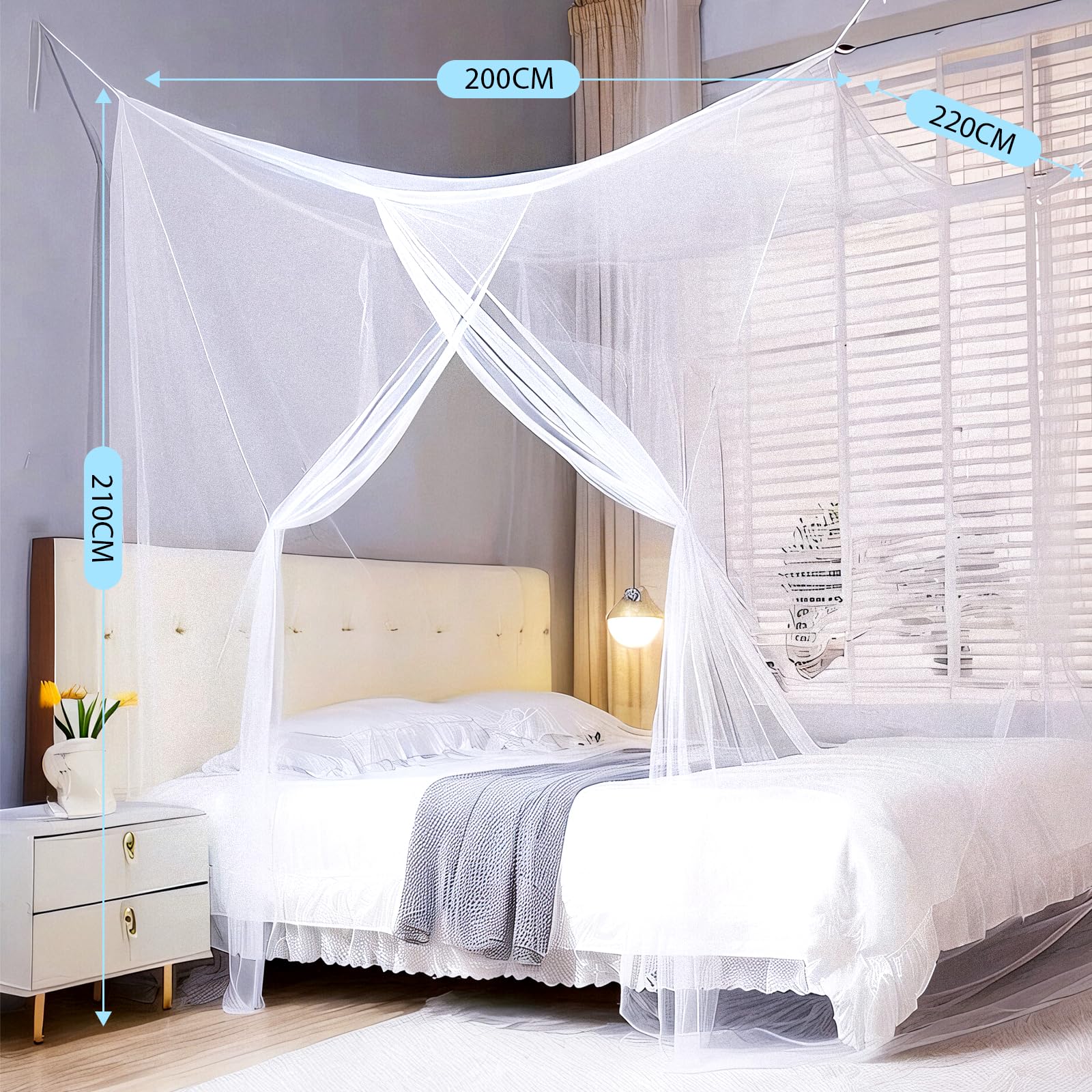 Mosquitera Cama, 220 * 210 * 200cm mosquitera Cama Matrimonio Mosquito Net Cuadrados para Interior y Exterior Fácil de Instalación Mosquitera Grande para el Hogar o de Vacaciones, Blanco
