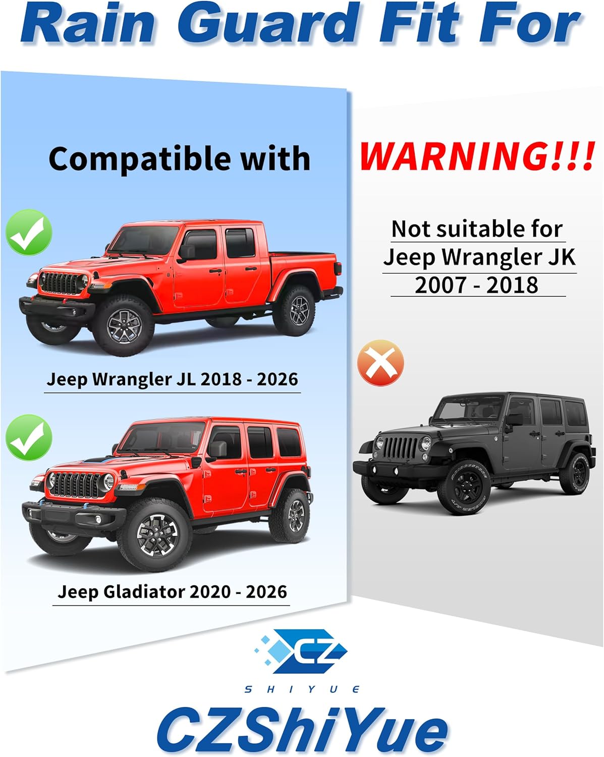 in-Channel Window Rain Guards Fit for Jeep Wrangler JL 2018-2026/ Gladiator 2020-2026 Extra Durable Rain Guard Window Deflectors Vent Visors Vent Shades Window Visor Exterior Car Accessories