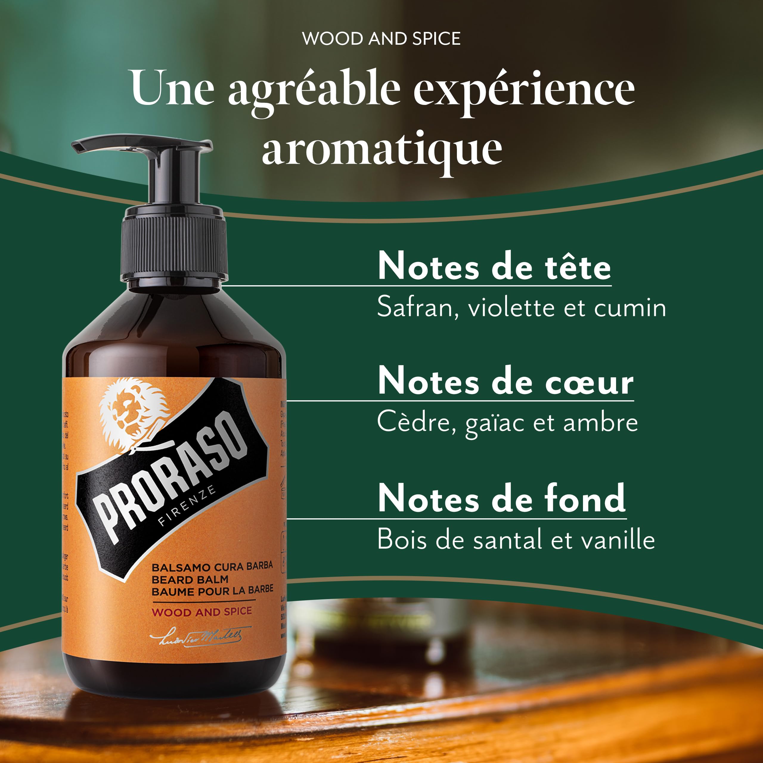 Proraso | Baume à barbe Wood & Spice (flacon-pompe de 300 ml) – Baume pour barbe adoucissant et protecteur contre les démangeaisons et l'inconfort – Fabriqué en Italie