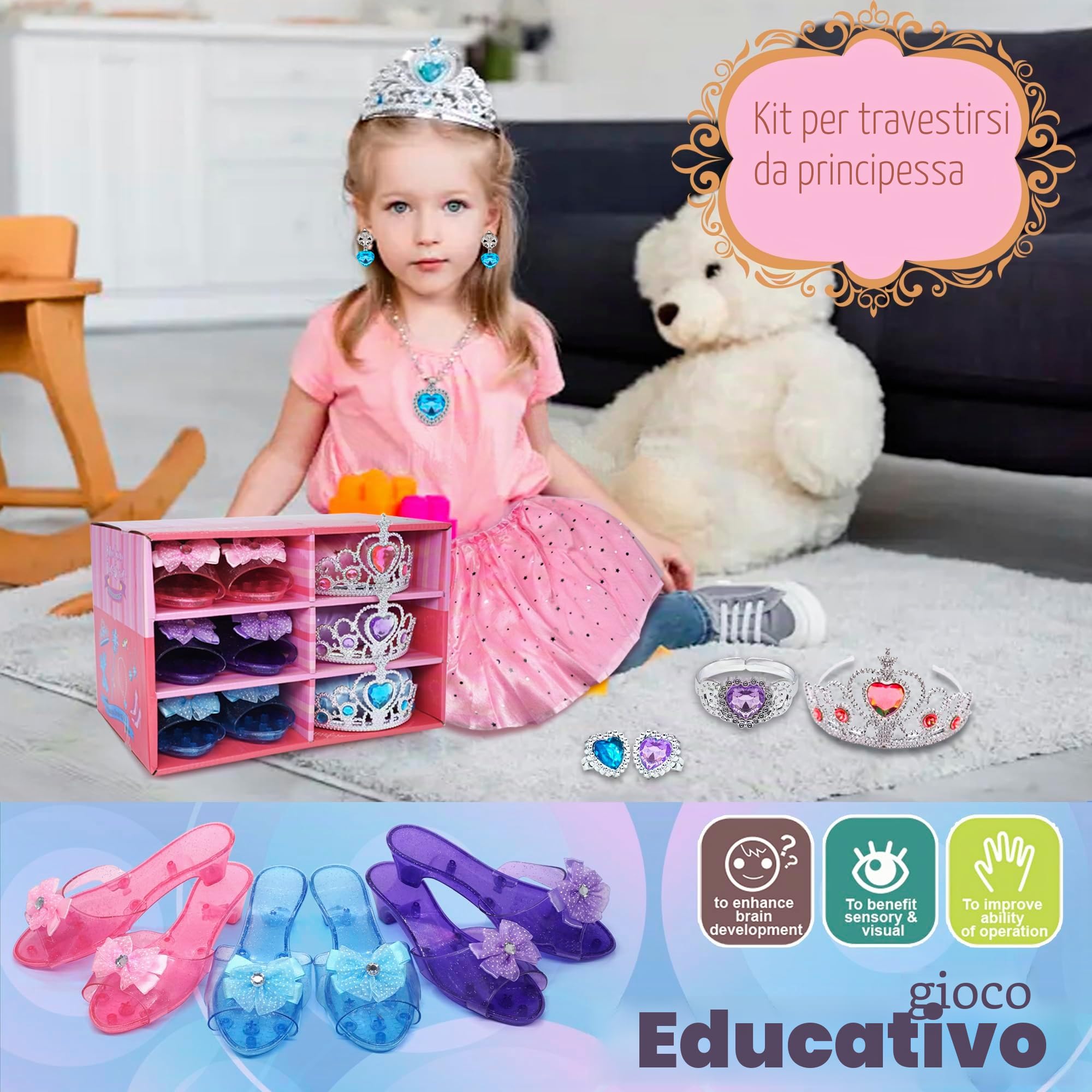 Principessa Vestire Abiti Ragazza - Costume Bambini con Robbe, Scarpe, Gioielleria, Giocattoli per Ragazze Età 3,4,5,6 anni, Scarpe Bambini Gioco di Ruolo Idea Regalo per Compleanno Natale