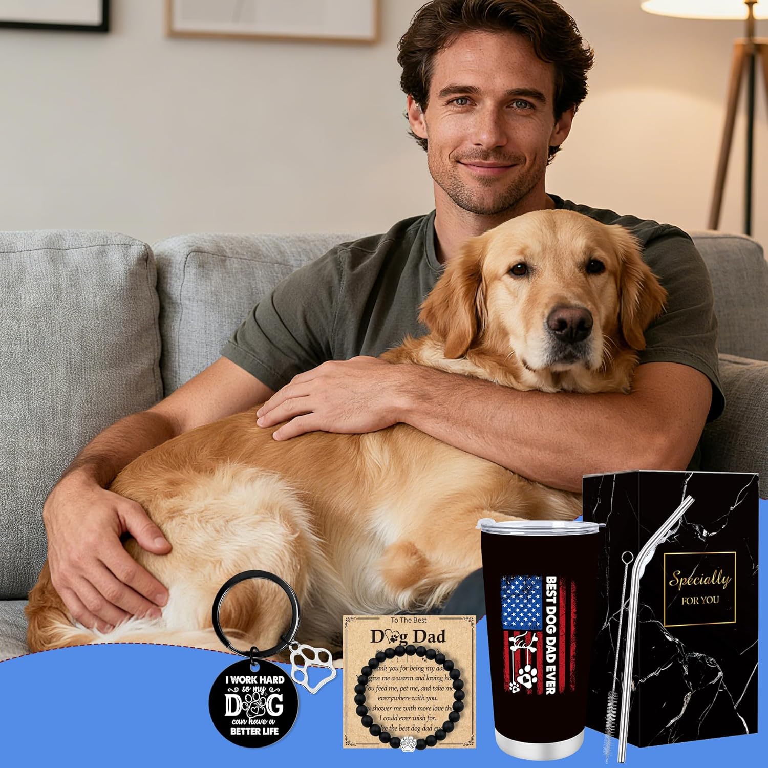 Keluna Dog Dad Gifts for Men - 3Pcs Best Dog Dad Gifts, 20Oz Insulated Tumbler with Lid Staw, Keychain, Bracelets, Christmas Father's Day Birthday Retirement Presents for Dogfather Pet Dog Lovers Men - Image 6