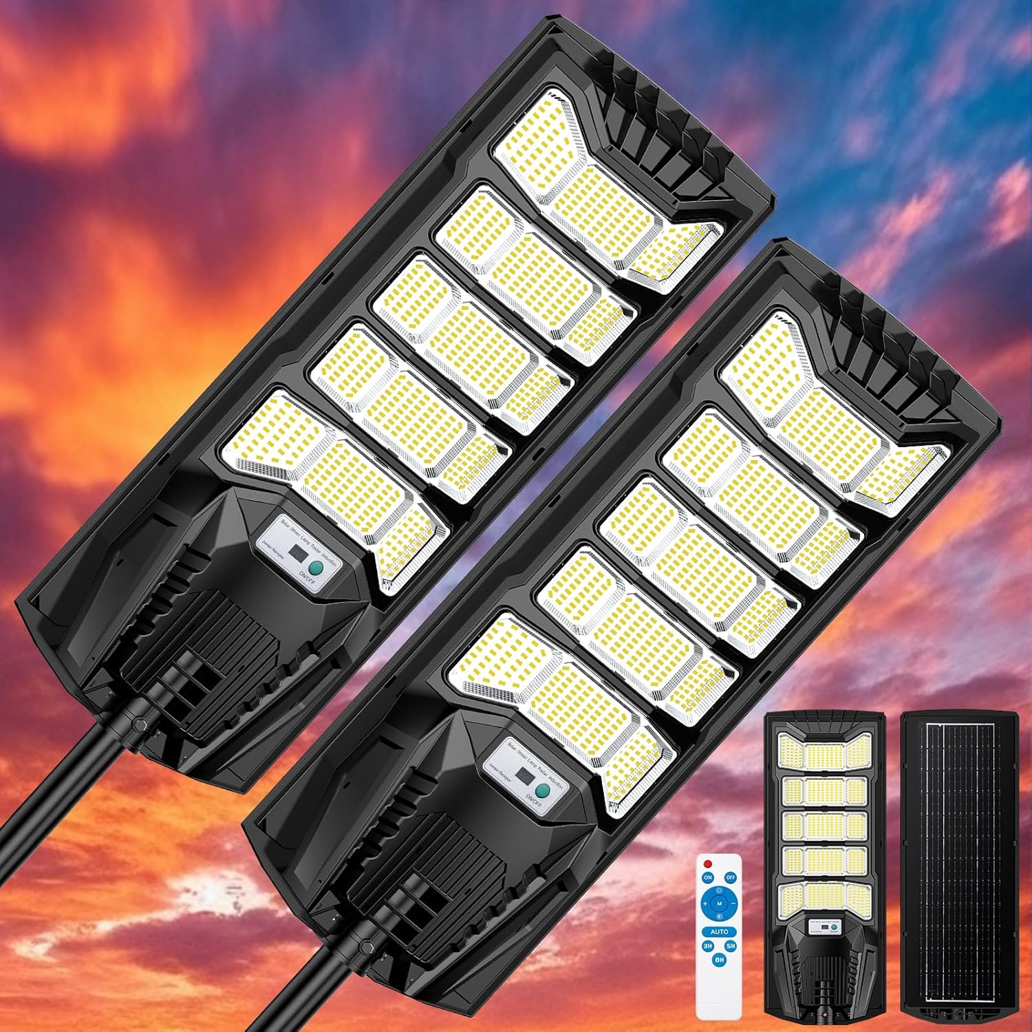 8000W Solar Street Lights Outdoor Waterproof, Large Solar Powered Commercial Parking Lot Lighting Dusk to Dawn, 7000K Motion Sensor Light with Remote Control & Mounting Arm, for Patio, Outside, 2 Pack