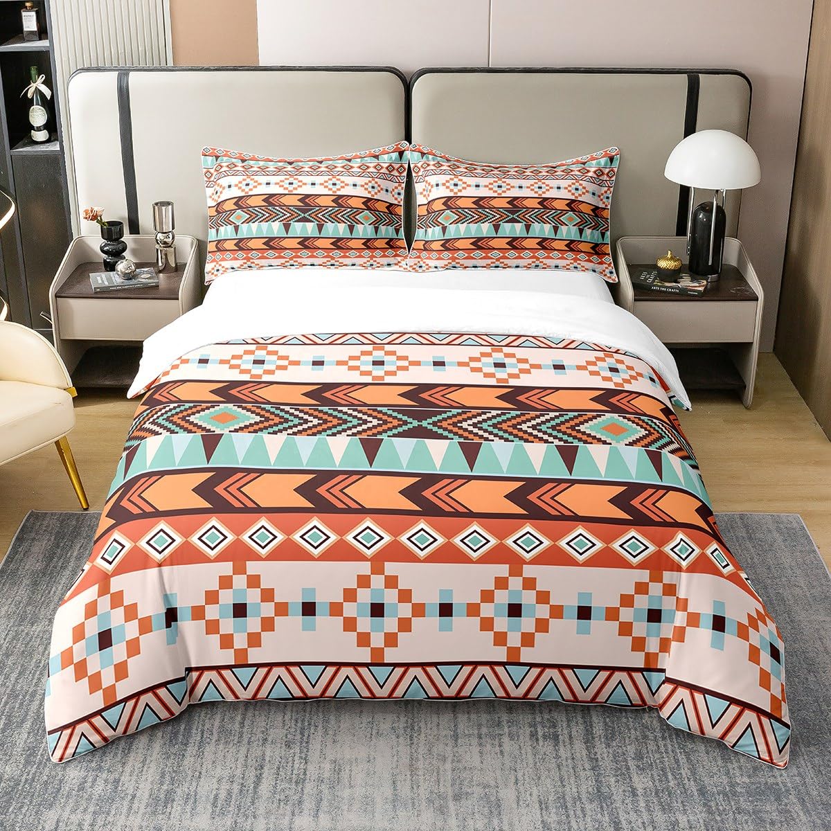 Homewish Indian Theme Aztec 100 Percent Cotton Duvet Cover,Bohemian Geometric Bedding Set King,Western Country Style Comforter Cover,Ethnic Tribal Arrow Bed Sets with 2 Pillowcases,Orange — image 1