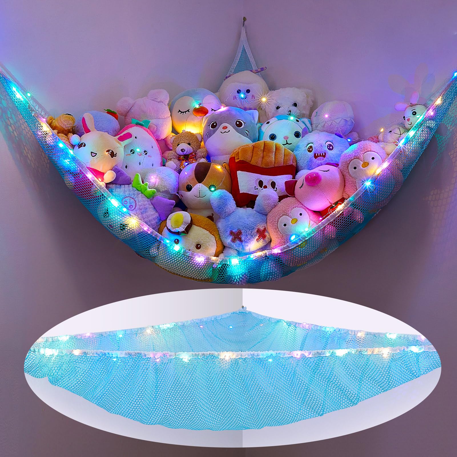 MHJY Toy Hammock for Stuffed Animals Soft Toy Storage Net with LED Light, Cuddly Toys Organizer Holder Large Corner Hanging Net Plush Macrame Kids Bedroom Nursery Furniture Room Decor — image 1