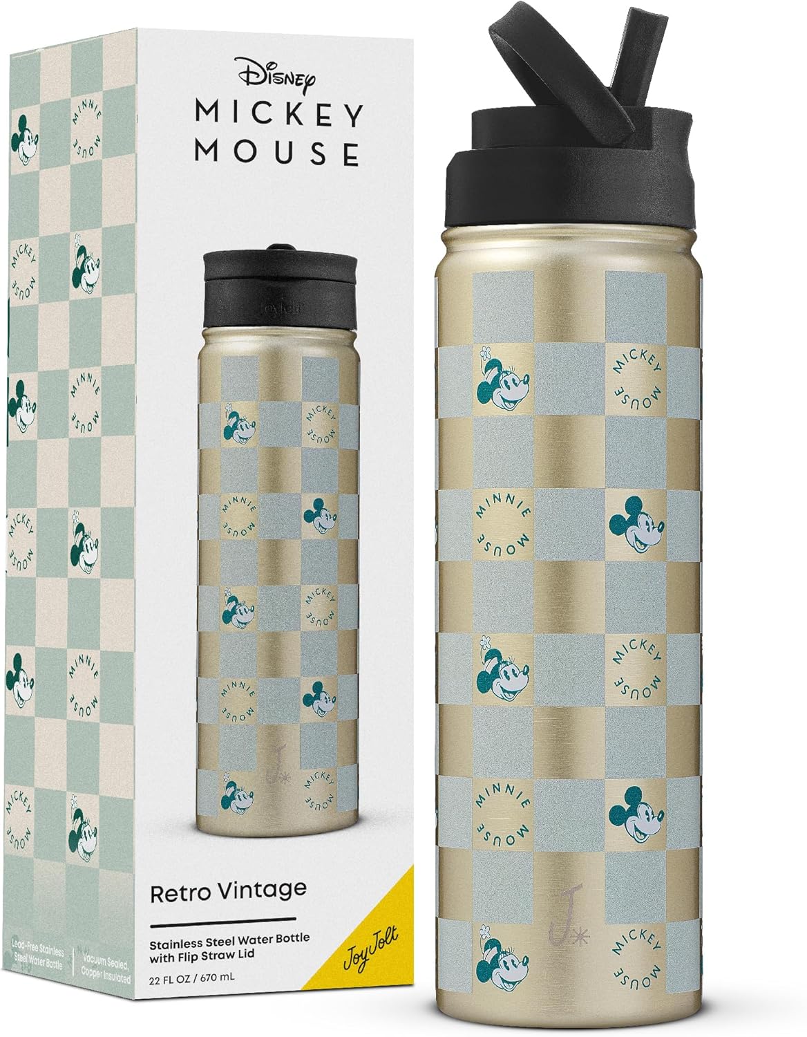 JoyJolt Disney Retro Vintage Stainless Steel Water Bottle ft Mickey & Minnie Mouse, Reusable 22oz Vacuum Insulated Water Bottle Tumbler with Leak Proof Flip Straw Lid and Handle, Lead & BPA Free