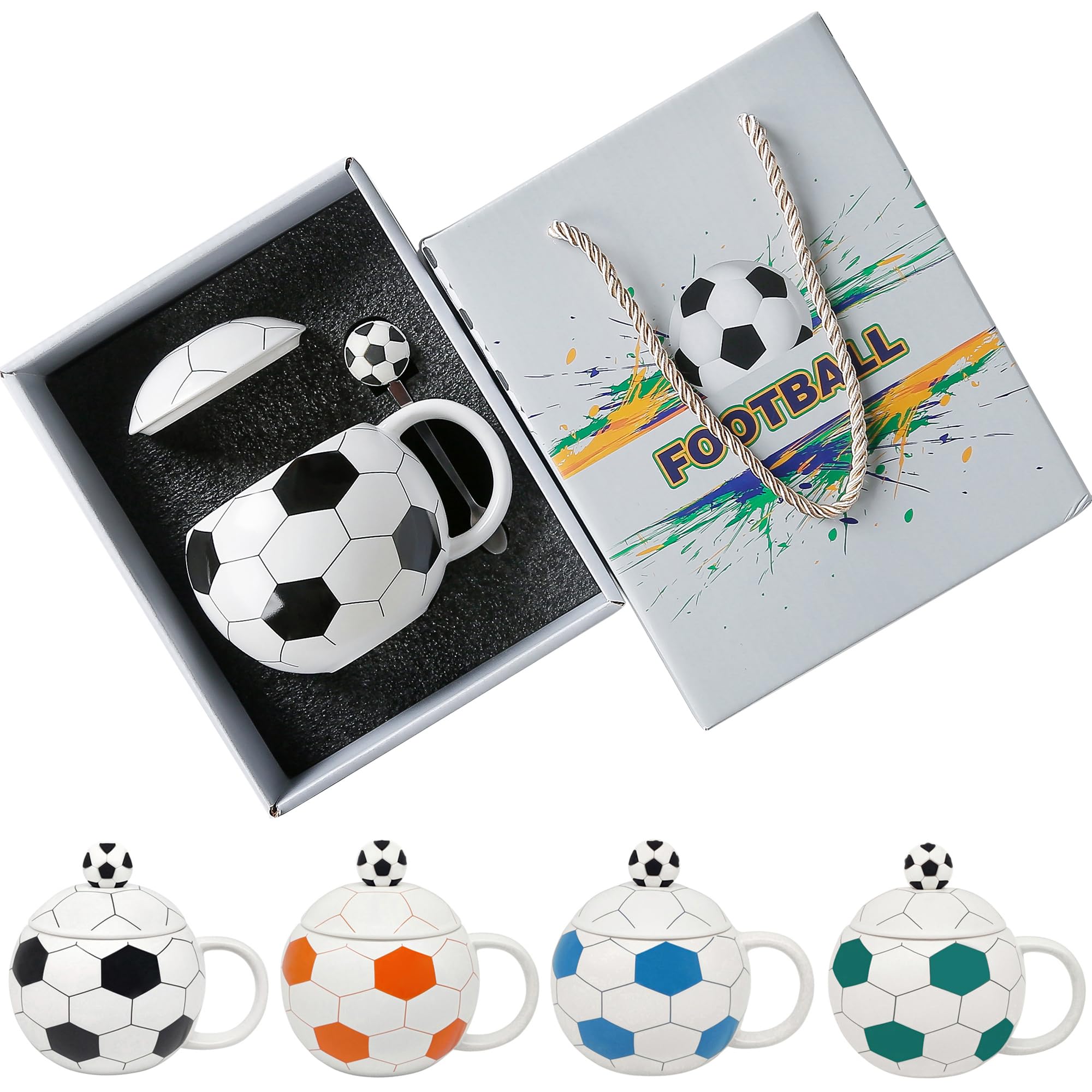 Cute Mugs 14oz Unique Ceramic Coffee Mug with Lid and Spoon, Funny Mugs Soccer Gifts for Coaches Fans and Players, Sports Cool Cups Soccer Teacups, Black