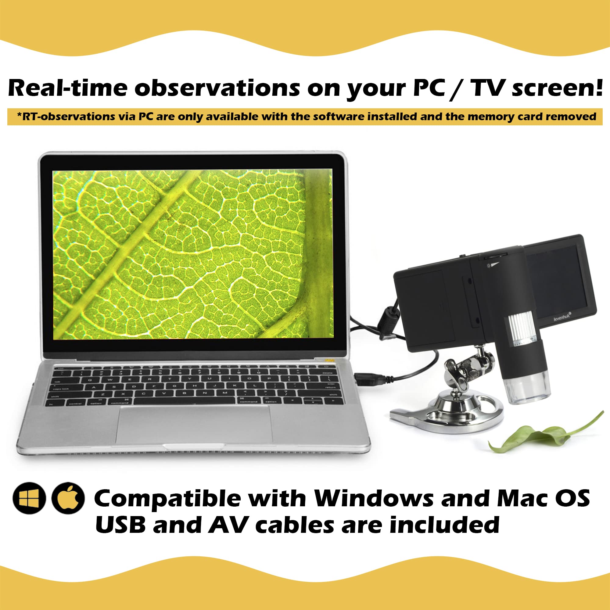 Microscopio Digital Portátil USB Levenhuk DTX 500 Mobi (20–500x) con Pantalla LCD para el Examen de Cualquier Superficie, Tanto en el Hogar como en Exteriores