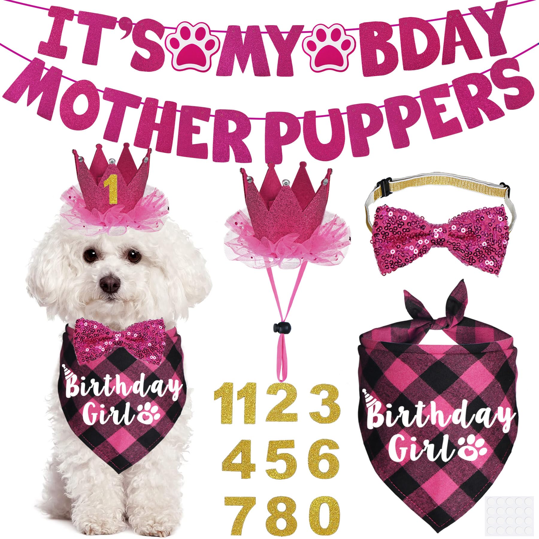 JOTFA Dog Birthday Decorations, Multi Sizes Dog Birthday Bandana Girl Dog Birthday Hat Crown Bow Tie Birthday Numbers It’s My Bday Mother Puppers Sign