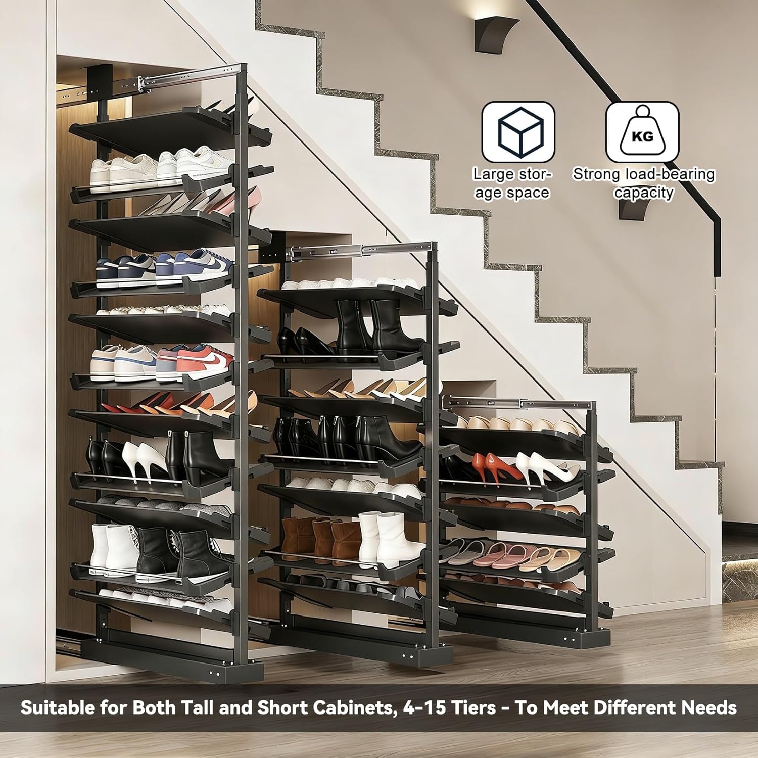 4-15 Tier Adjustable Pull Out Shoe Rack Heavy Duty Vertical Shoe Organizer for Closet Wardrobe Under Stairs Storage System Fits Depth 17.7"-34.3"(5 Tier,20.9 Inch Depth)