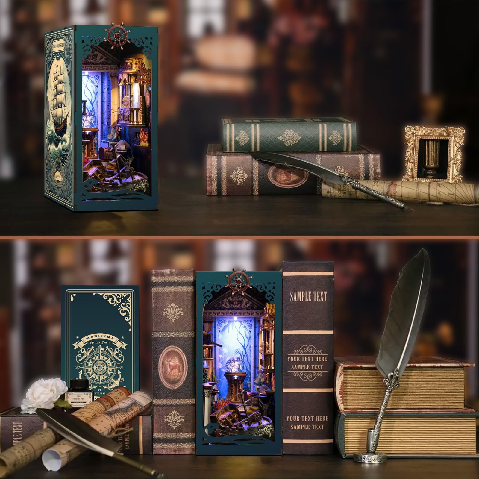 MaHo Book Nook Deep Sea Treasures - DIY Miniatur-Diorama fürs Bücherregal, 216 Teile, 11 x 18 x 23 cm, ab 12 Jahren - Booknook Diorama Modellbau Miniatur Bausatz – DIY Book Nook Kit aus Holz mit LED