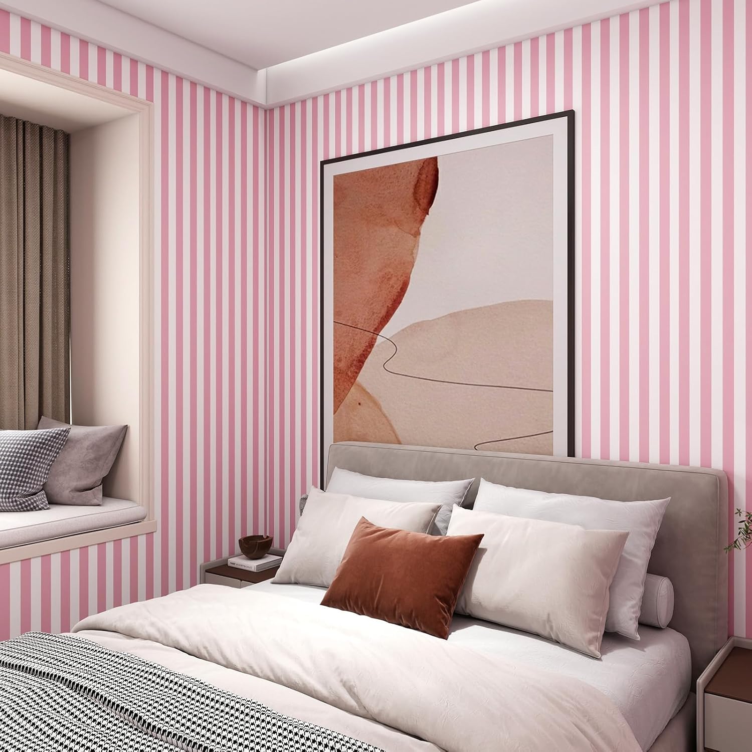Pink and White Striped Wallpaper 17.3"x400" Pink Striped Peel and Stick Wallpaper Waterproof Contact Paper Modern Self-Adhesive Vinyl Wall Paper for Bedroom Bathroom Nursery