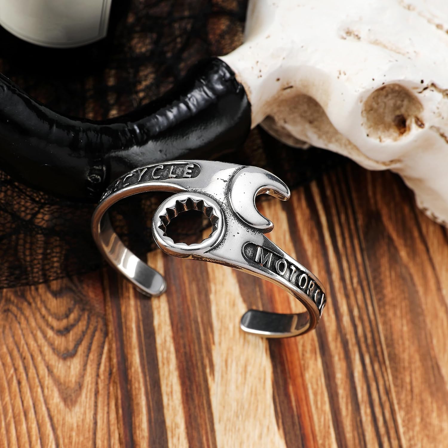 YWMAN Biker Wrench Cuff Bracelet - Stainless Steel Spanner Bangle Bracelet - Motorcycle Mechanical Rock Jewelry Gift for Men