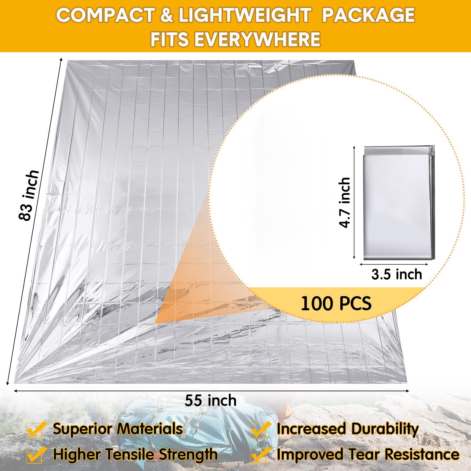 Copkim 100 mantas térmicas de emergencia de Mylar a granel, manta de supervivencia de 83 x 55 pulgadas, envueltas individualmente para exteriores, manta de emergencia para coche, senderismo, camping,