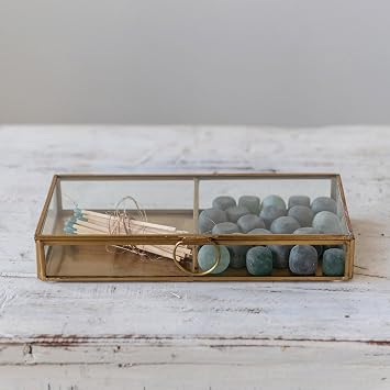 Creative Co-Op Brass and Glass Display Box with Two Compartments, Clear