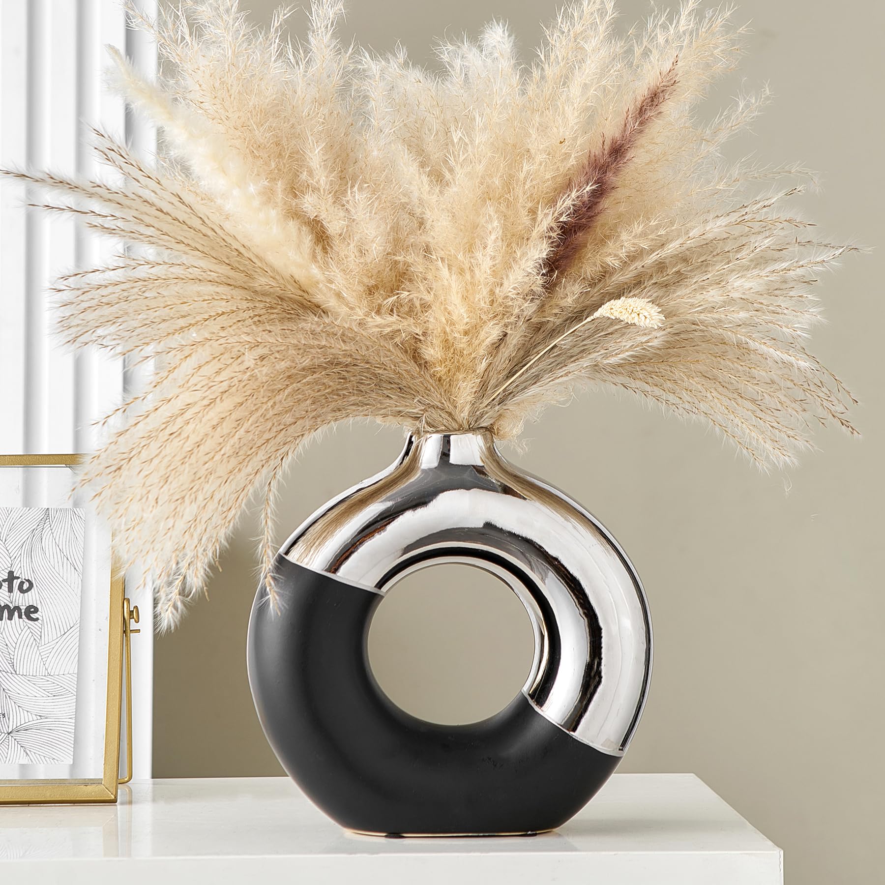 Ceramic Donut Vase, 8" L x 8" H Black and Silver Vase for Pampas Grass, Modern Round Vases for Silver Decor, Ceramic Vase Centerpieces for Wedding,