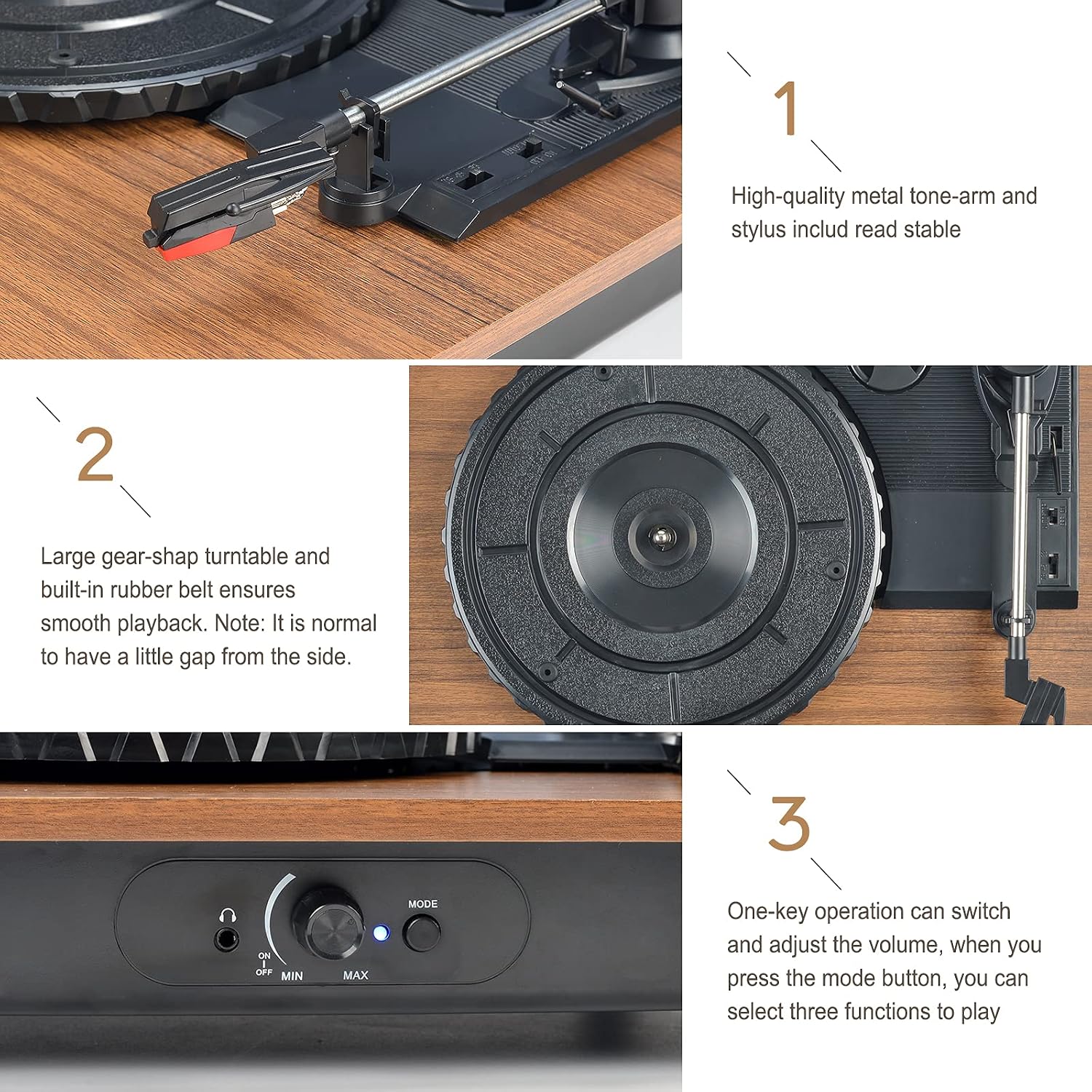 Vinyl Record Player Bluetooth Turntable with Speakers Vintage Record Players Phonograph Support 3-Speed Wireless RCA Output AUX Headphone Input Portable Lightweight USB Charge Come with RCA Cable