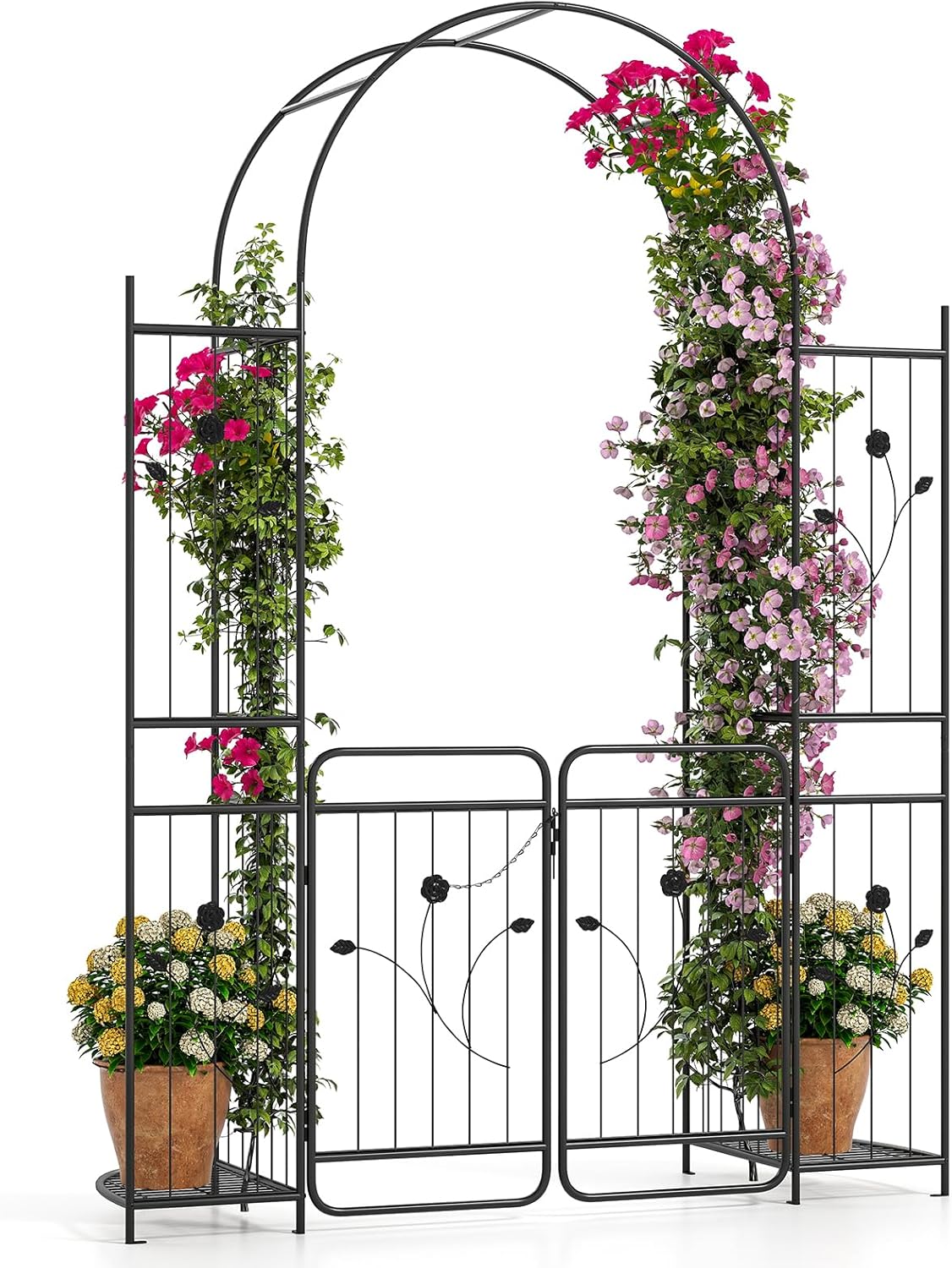 HAPPYGRILL 87" Garden Arbor with Gate, Garden Arch with Planter Shelves, Climbing Trellises, Metal Arbor Archway for Outdoor Climbing Plant Vine, Wedding Arch for Ceremony Backyard Patio Party Decor