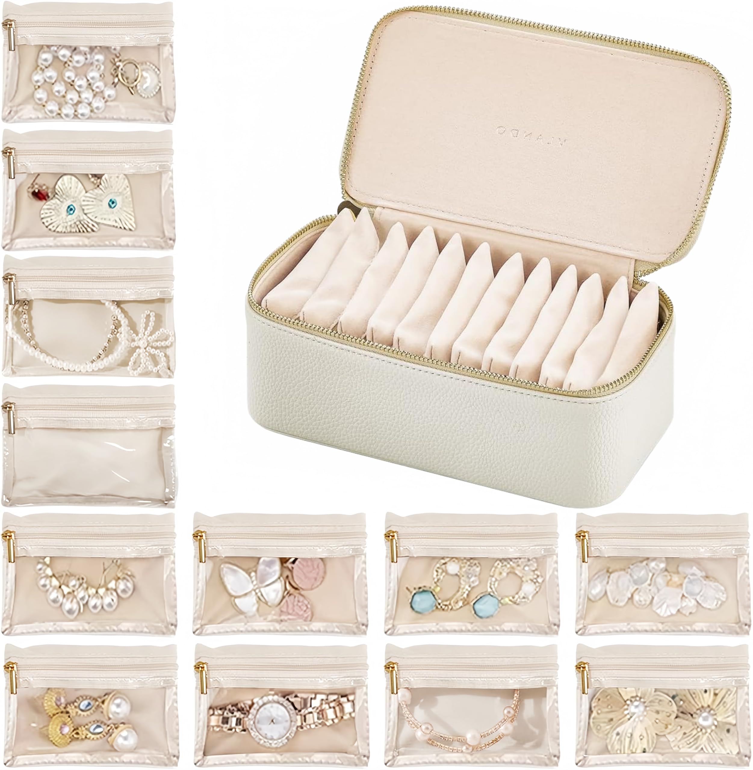 Jewelry Box Organizer, Jewelry Organizer and Jewellery Box, White PU Leather Accessories Organizer with 12 Velvet Bags, Travel Jewelry Case for Earrings Rings Gift, 21.5x11.5x8.5cm (12White)