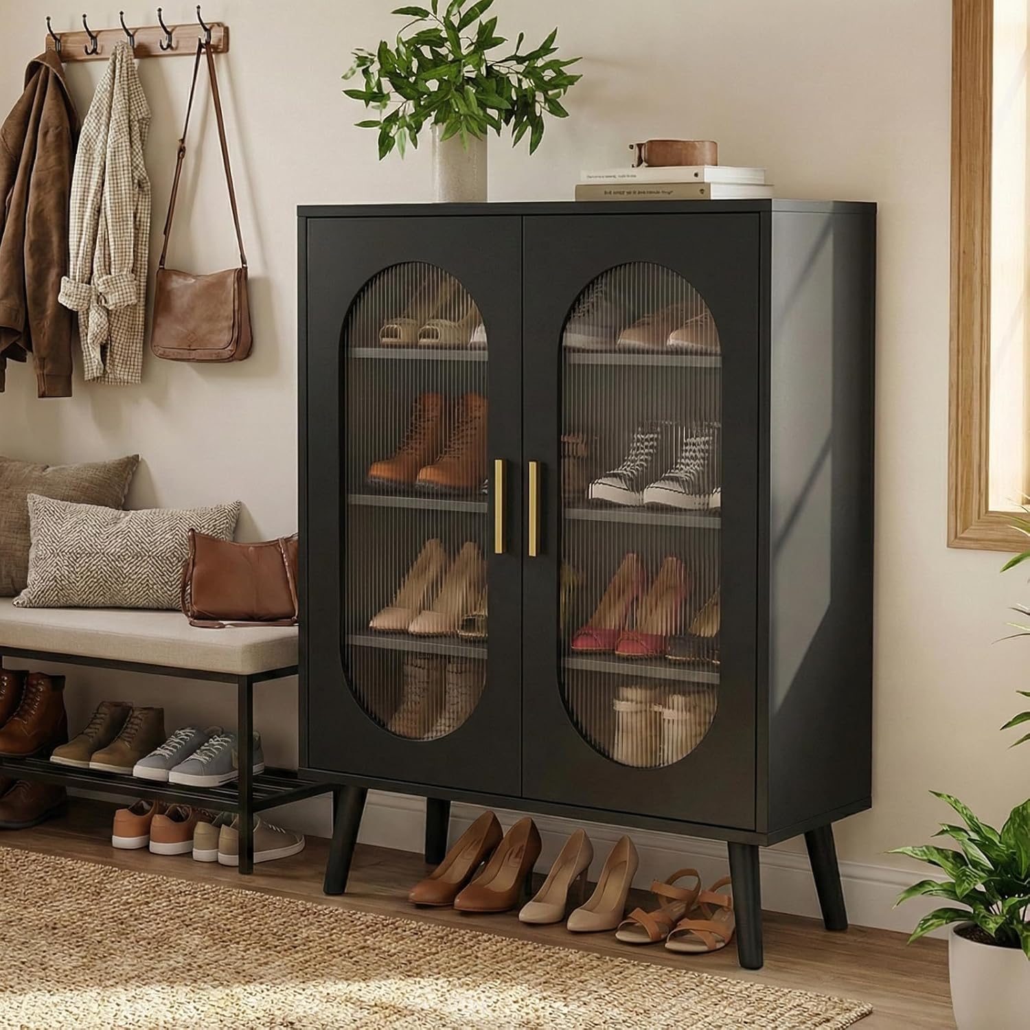 Karl home Tall Entryway Shoe Cabinet with Doors, 2-Door & 4-Tier Interior with USB LED Light 24-Key Adjustable, Black Particle Board & Polycarbonate Panel, Hidden Shoe Storage for Entryway