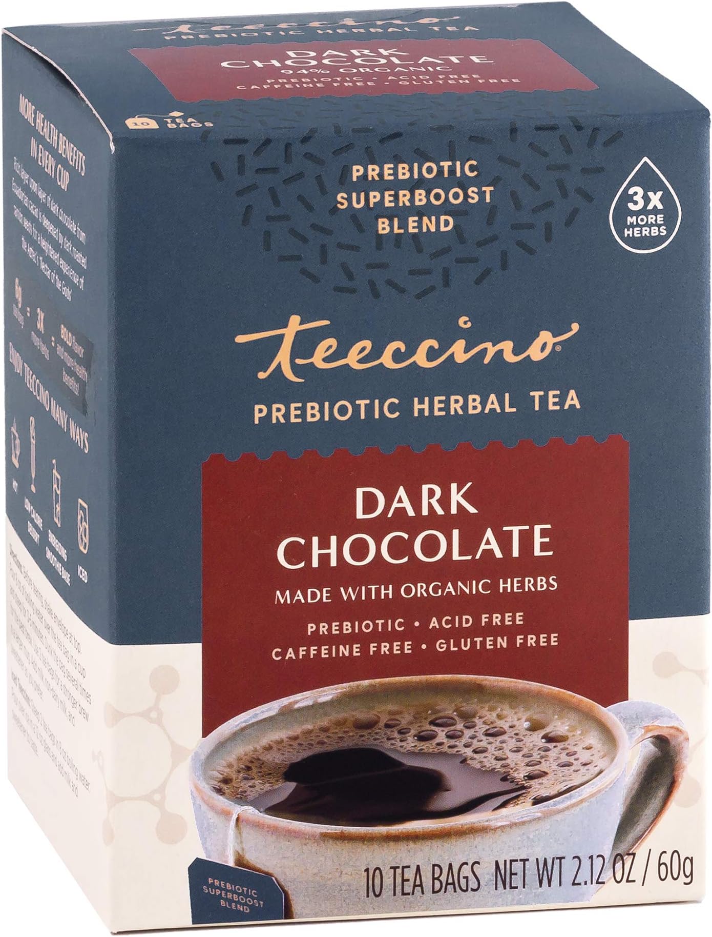 Teeccino Dark Chocolate - Prebiotic SuperBoost™ Herbal Tea - Support Your Probiotics with Prebiotics For Good Gut Health and Regularity, Digestive Chocolate Tea, 10 Tea Bags
