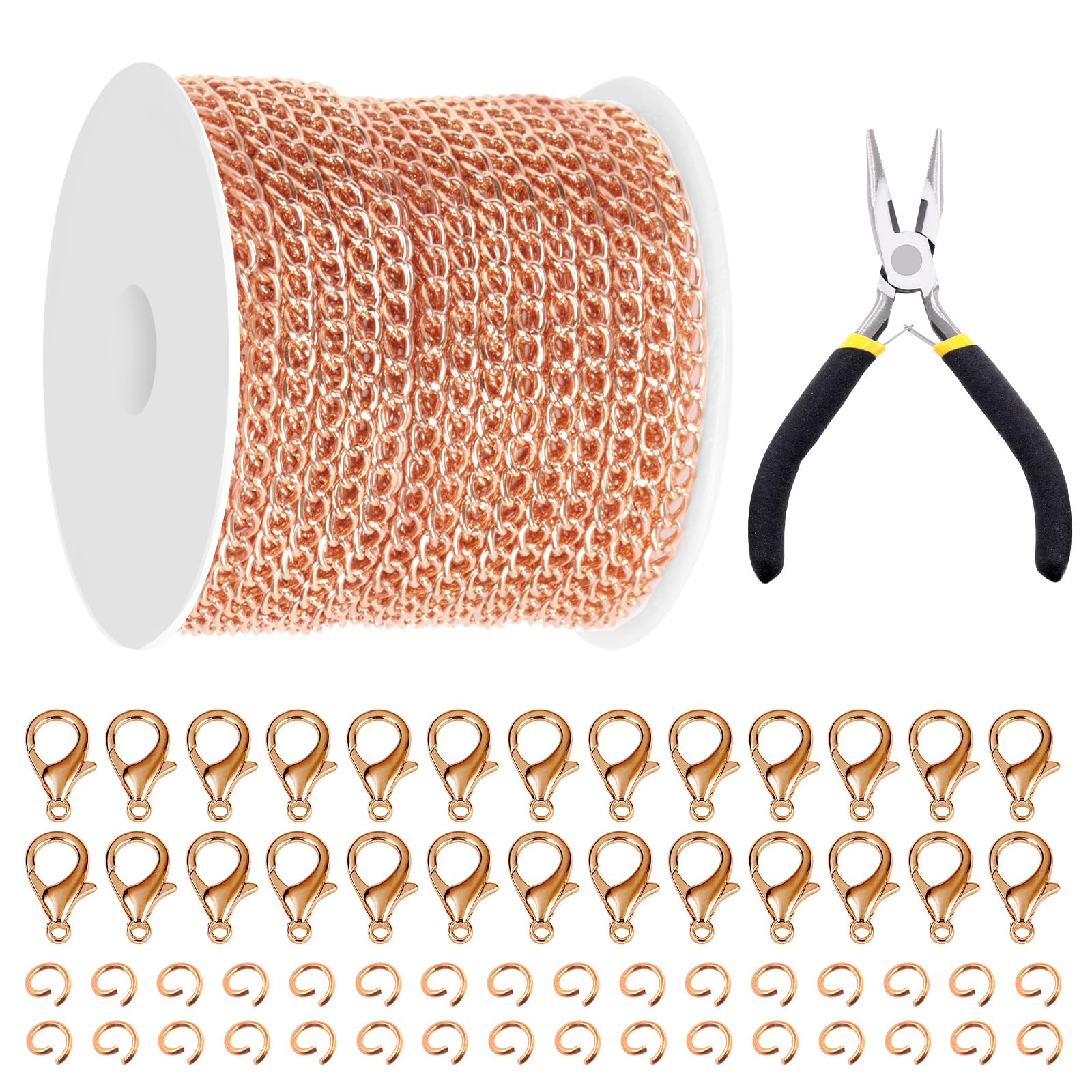 Glarks 102Pcs 30 Feet Jewelry Chains Set Rose Gold Cable Link Chains Link Rolls Bulk Twisted Links Chain Necklace Jewelry Making Chains with Lobster Clasps and Jump Rings for Necklace Jewelry Making â image 1