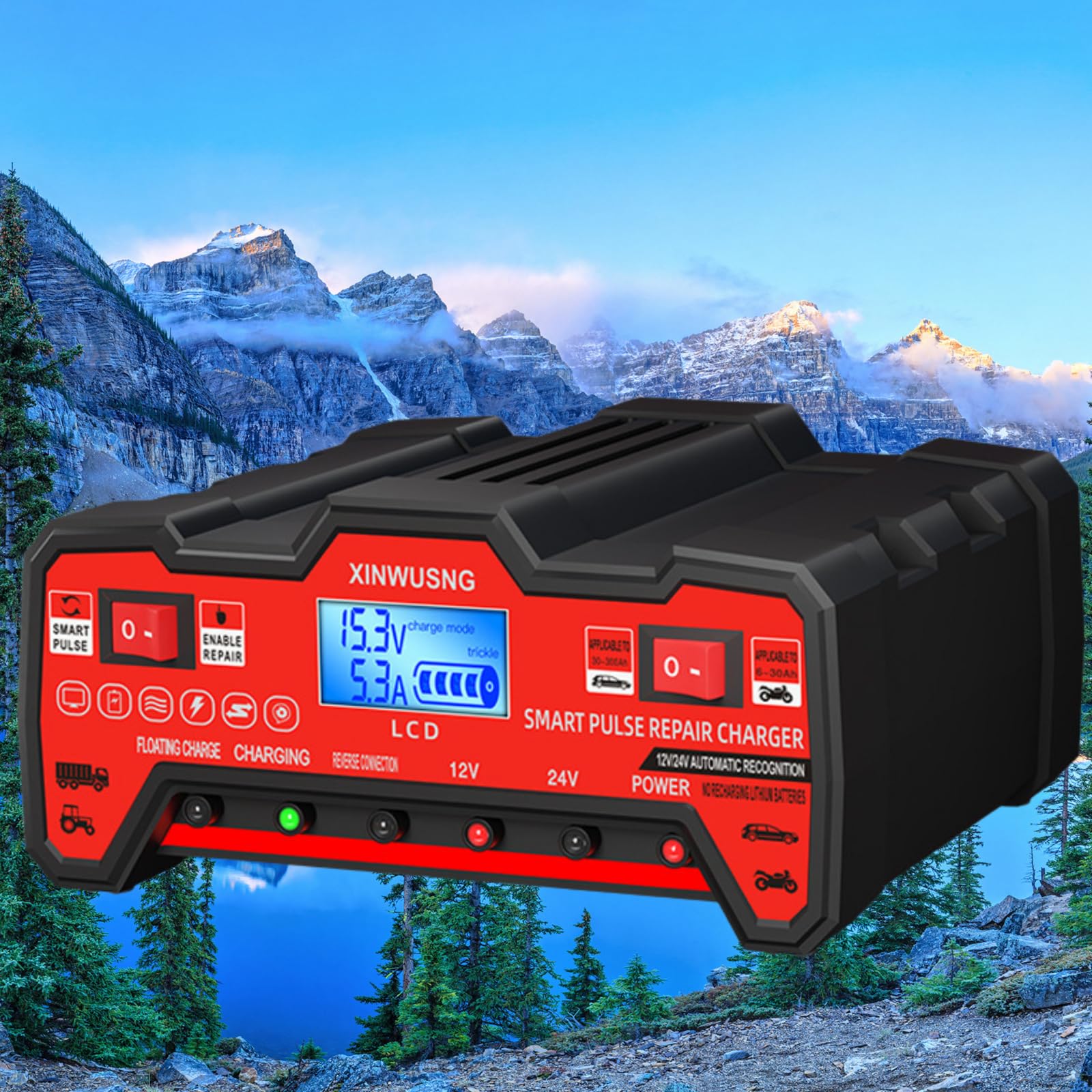 Cargador Baterías Coche- 12V/24V 900W Alta Potencia – para Coche,Moto,Tractor y camion – Compatible con Baterías de Plomo-Ácido, Reparación Inteligente por Pulso, LCD Digital -Cargador bateria Moto-