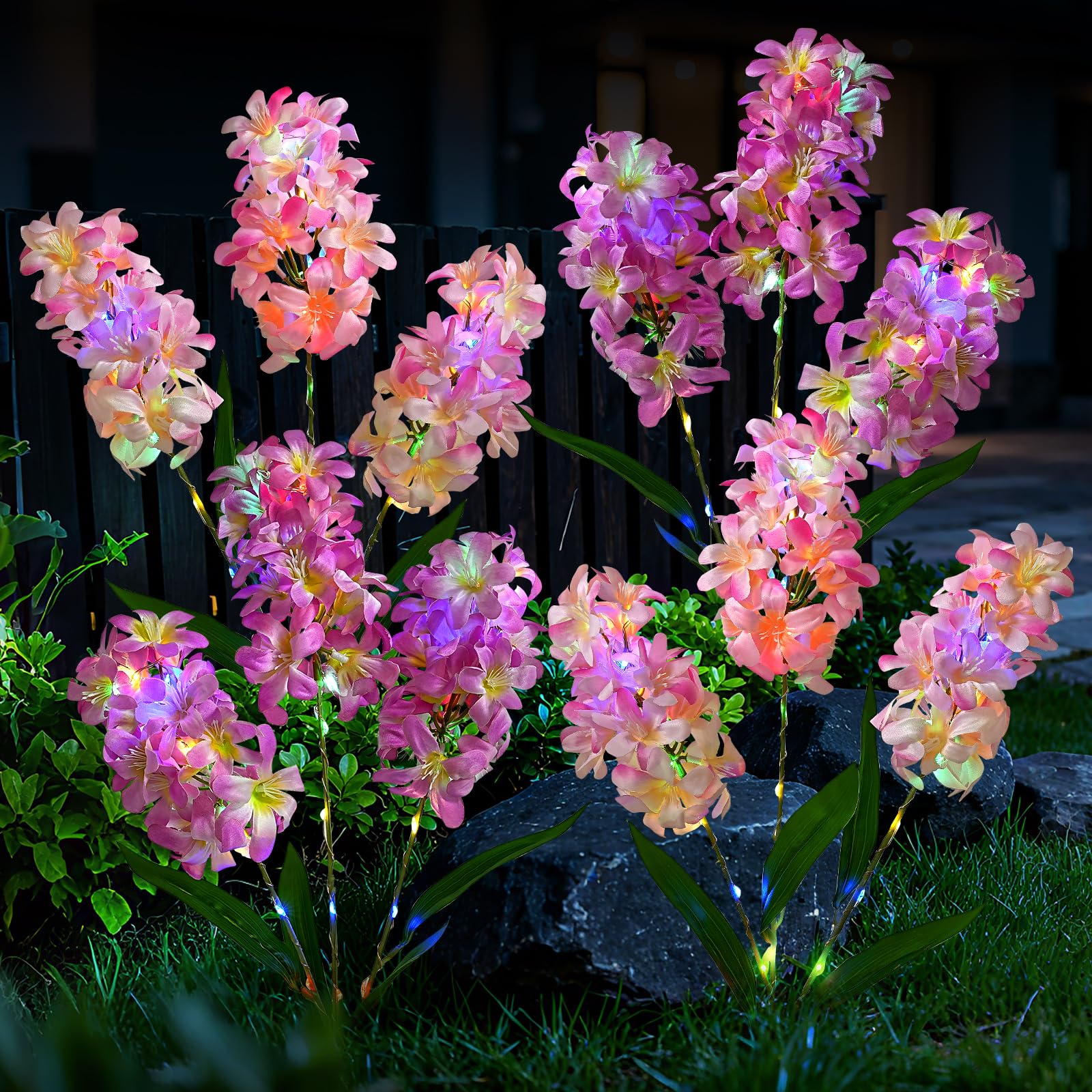 TANSOREN 4 Pack Solar Garden Lights Outdoor Colorful LED Waterproof Solar Powered Hyacinth Flowers Landscape Lights for Outside
