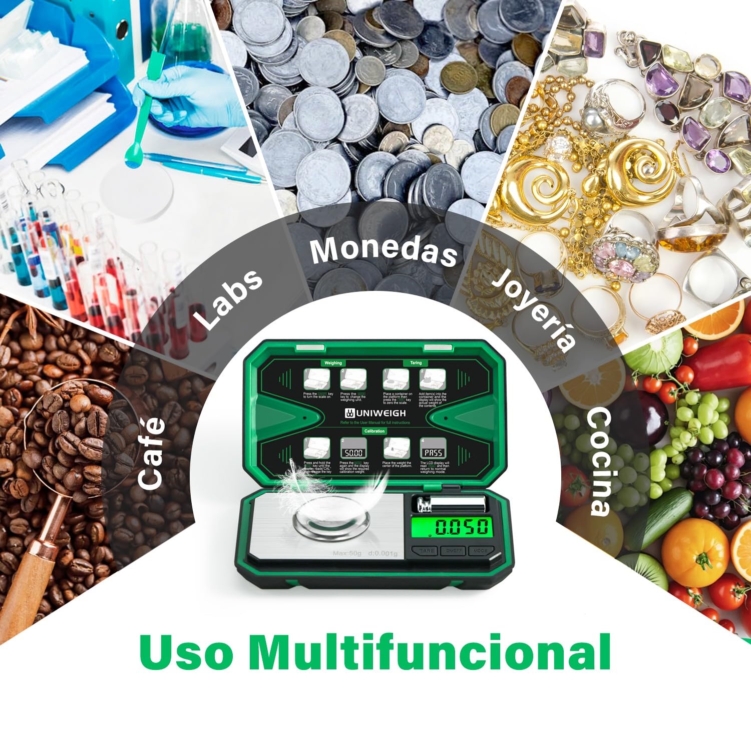 UNIWEIGH Báscula de precisión miligramos 0,001 g/50 g, digital para joyas, polvo, monedas, oro, piedras preciosas, recarga, microgramos, 6 unidades, tara, calibración