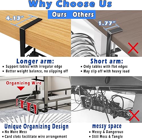 Miniatura 4 de Sleclean Bandeja de organización de cables para debajo del escritorio, abrazadera de brazo largo mejorada, 16.6 x 7.1 pulgadas, organizadores de