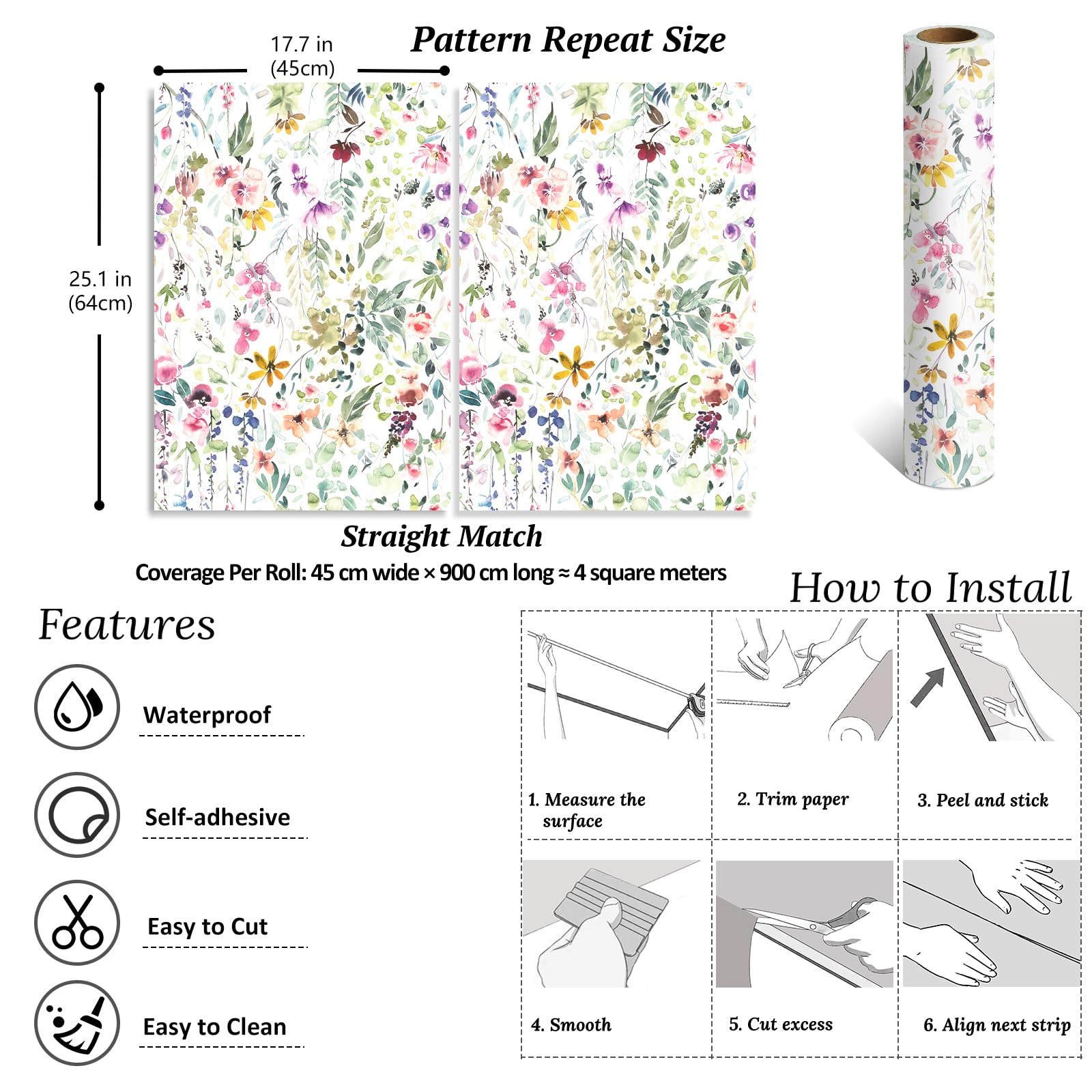 VEELIKE Papel Pintado Hojas Blanco Acuarela 44.5 cm × 900 cm Papel Autoadhesivo Pared Flores Vinilo Adhesivo Muebles Floral Fotomurales Decorativos Pared Baño Impermeable Vinilos Armarios Dormitorio