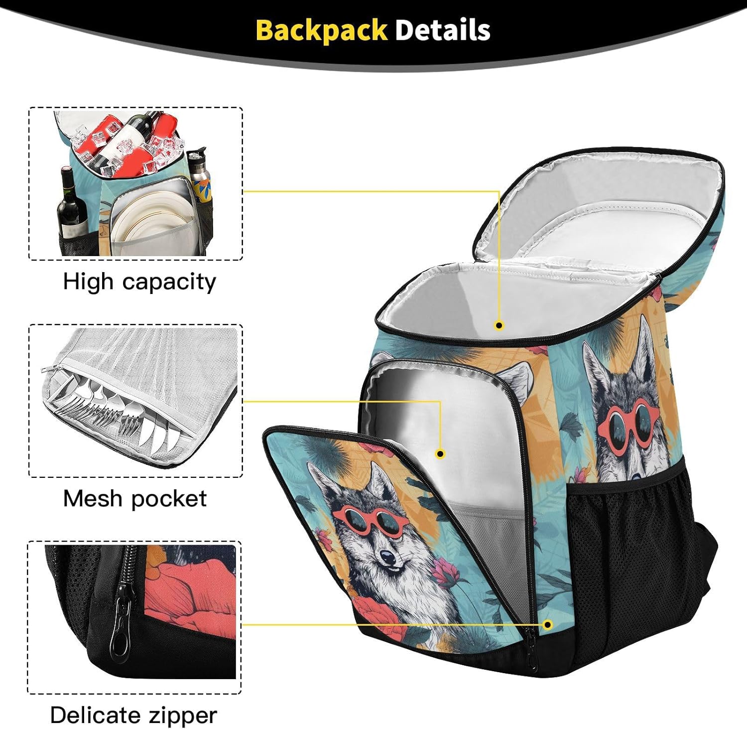 Wolf in Sunglasses Cooler Backpack 36 Cans Leakproof Waterproof Backpack Cooler Bag Beach Accessories for Women and Men Travel Camping Fishing Backpack