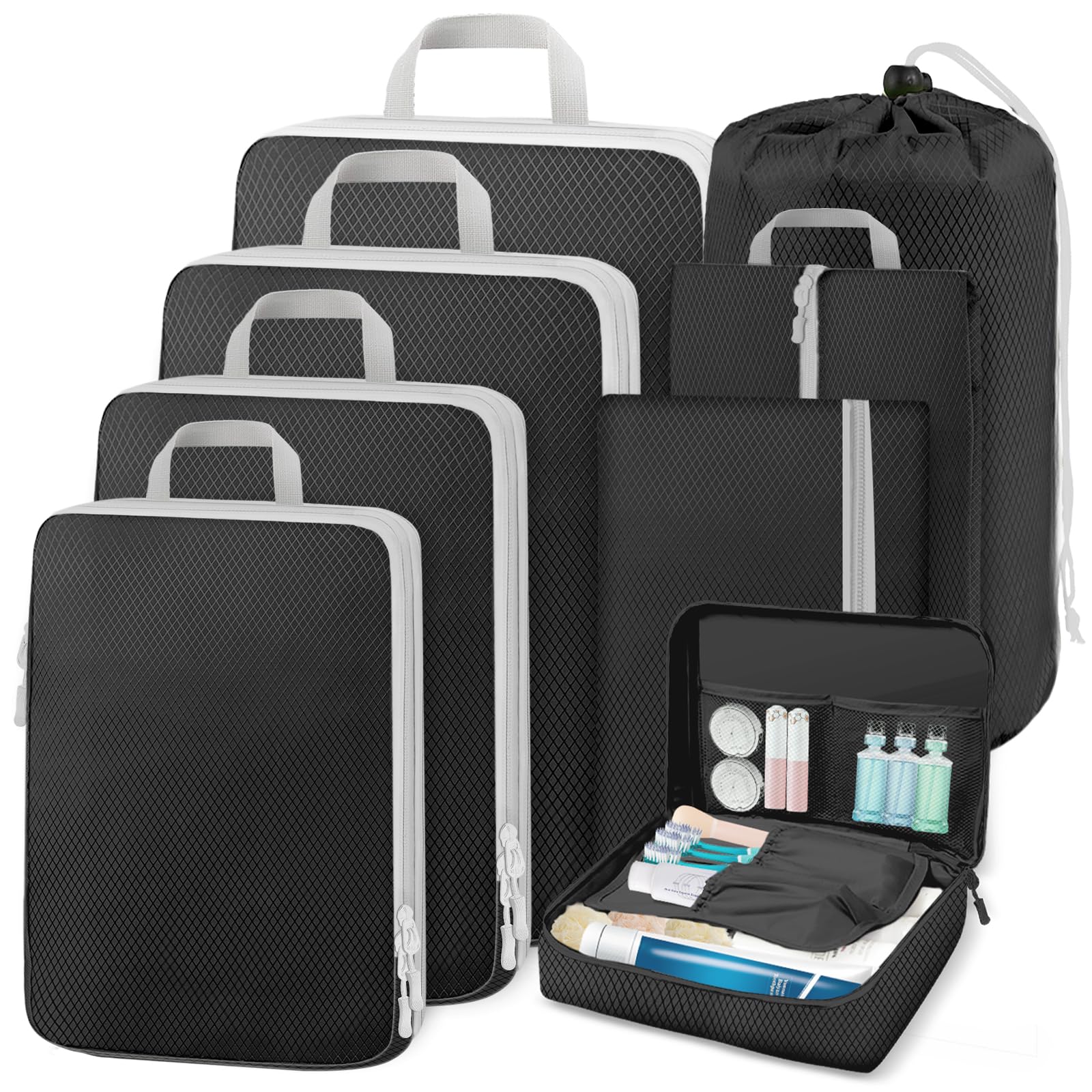 MUUKAIII MUUKAIII Organizador Maleta,Set 8 en 1 de Compression Packing Cubes,Bolsas Organizadoras Viaje,Organizador Equipaje,Organizador Mochila Viaje,Organizador de Maletas para de Viaje,Ropa,Cosméticos,Negro