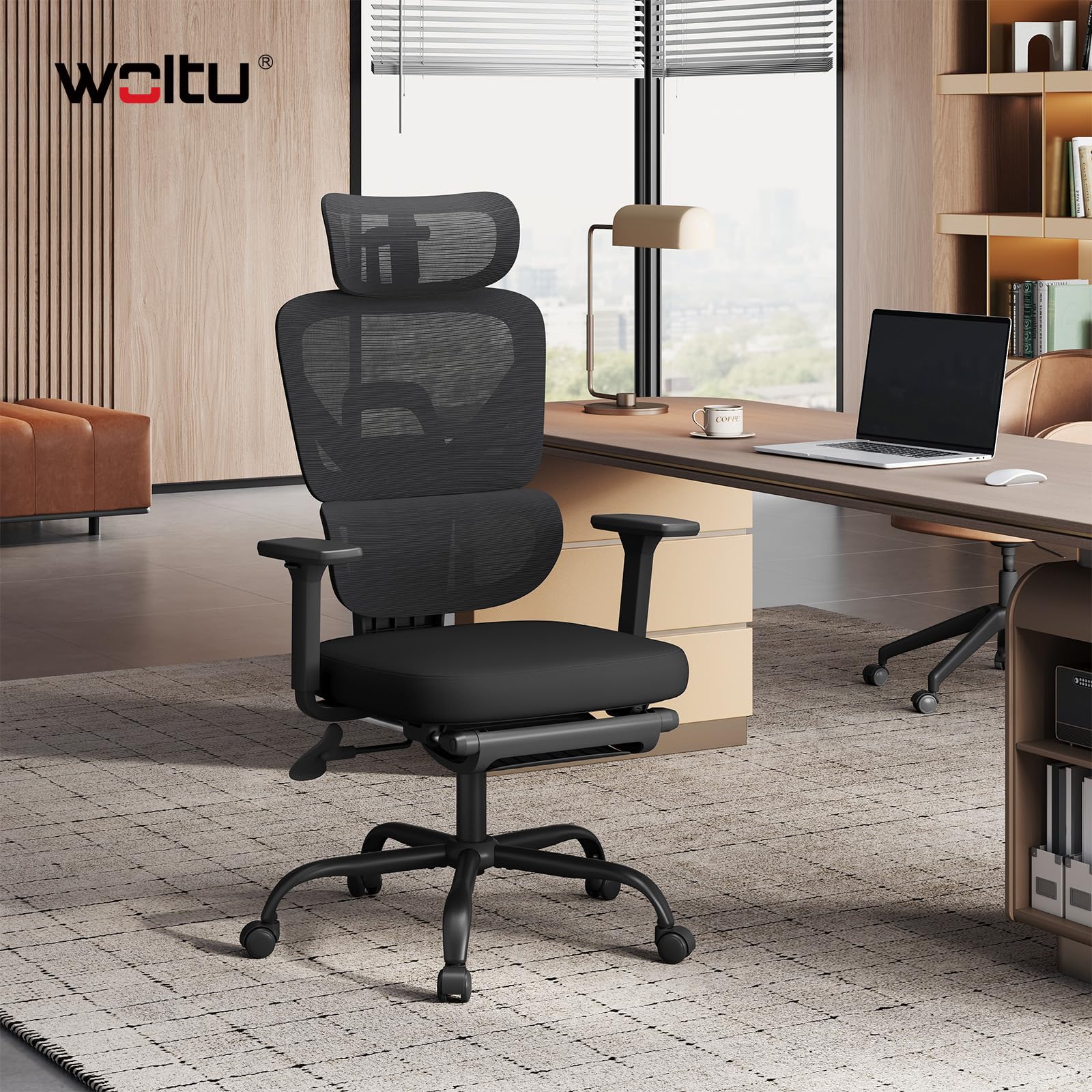 WOLTU Silla de Oficina Ergonómica con Soporte Lumbar y Reposapiés, Negro | Asiento Mullido, Respaldo de Malla Elástica, Reposabrazos Ajustables 3D, Para Estudio u Oficina, Soporte Lumbar y Reposapiés