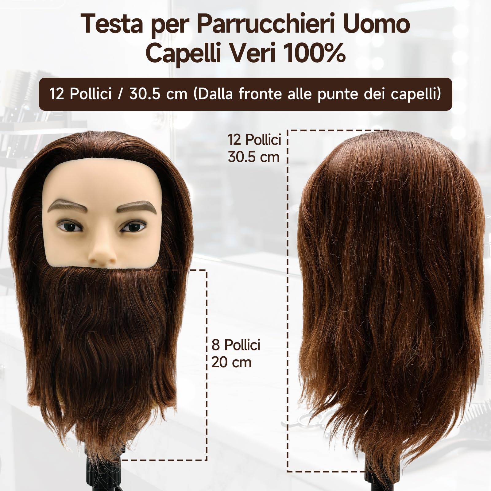 TwoWin 12 pollici (30,5 cm) Testa Manichino da Parrucchiere in Capelli Umani con Barba, Marrone
