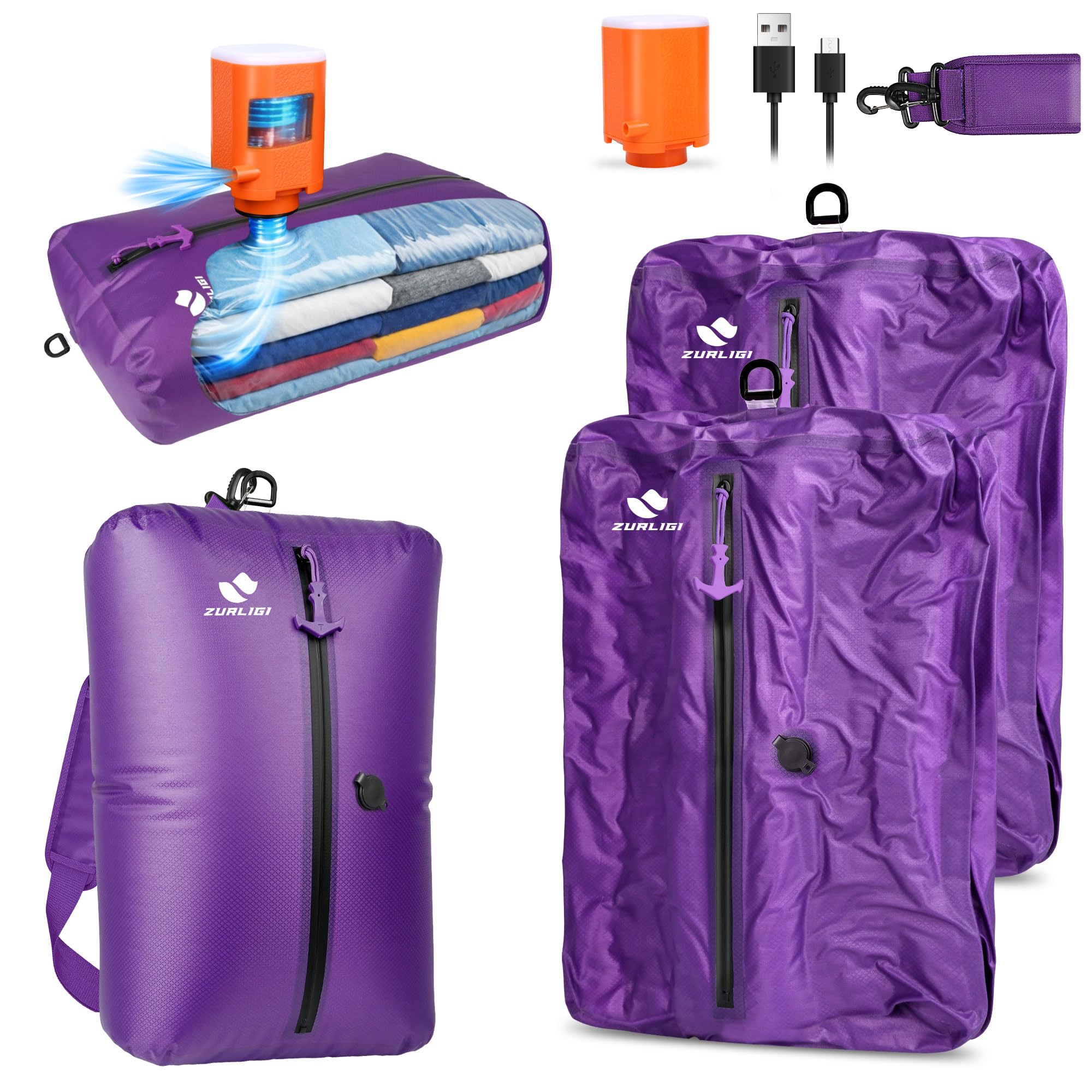 Zurligi Travel Vacuum Bag with Pump, IPX8 Waterproof Durable, Portable Anti-Rip Reusable Nylon Compression Packing Cubes with Shoulder Strap for Carry-On Luggage, Home Storage & Travel Gear — image 1