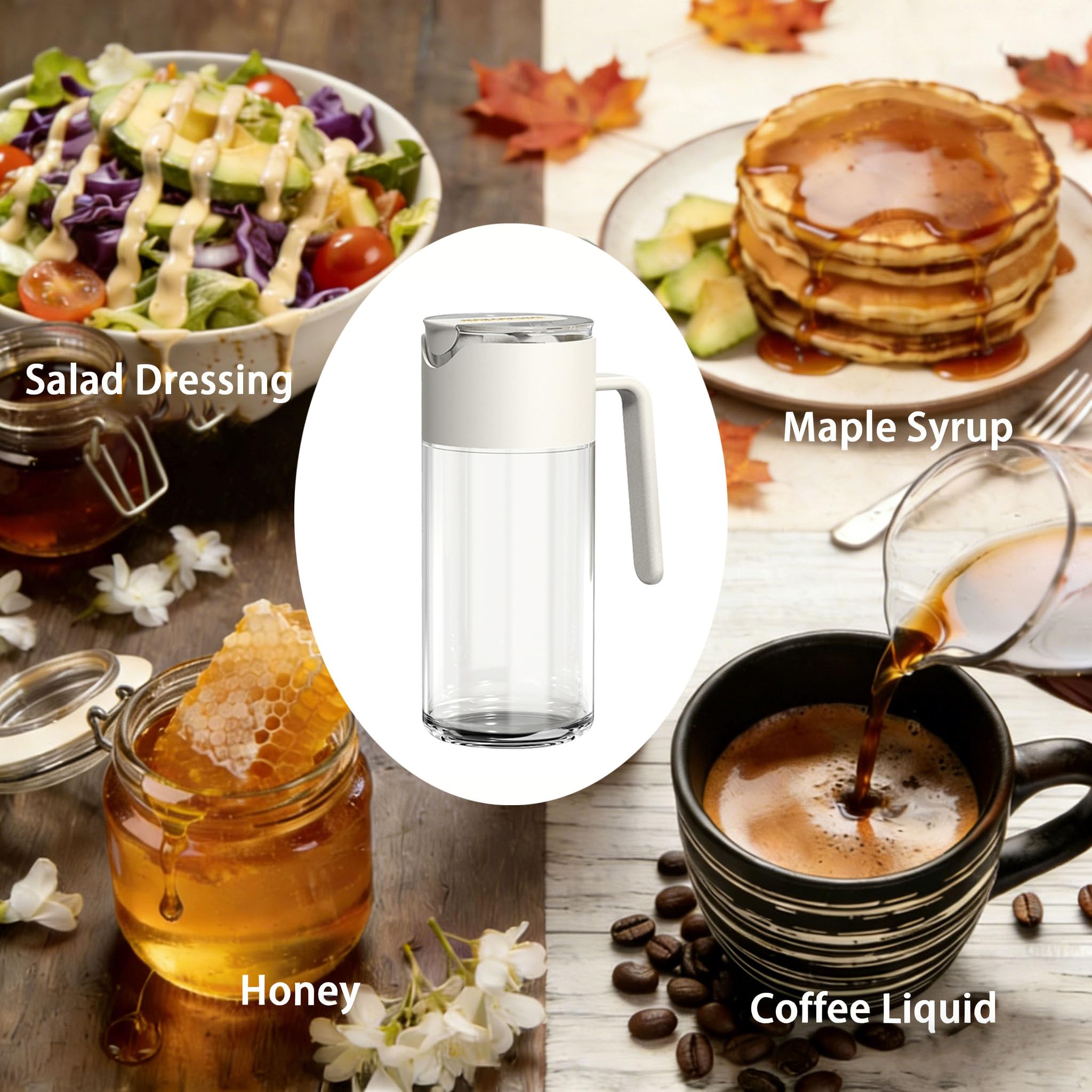 Dispenser per miele con aletta automatica, 500 ml, dispenser per sciroppo, in vetro antigoccia, per miele e salsa per miele (bianco)