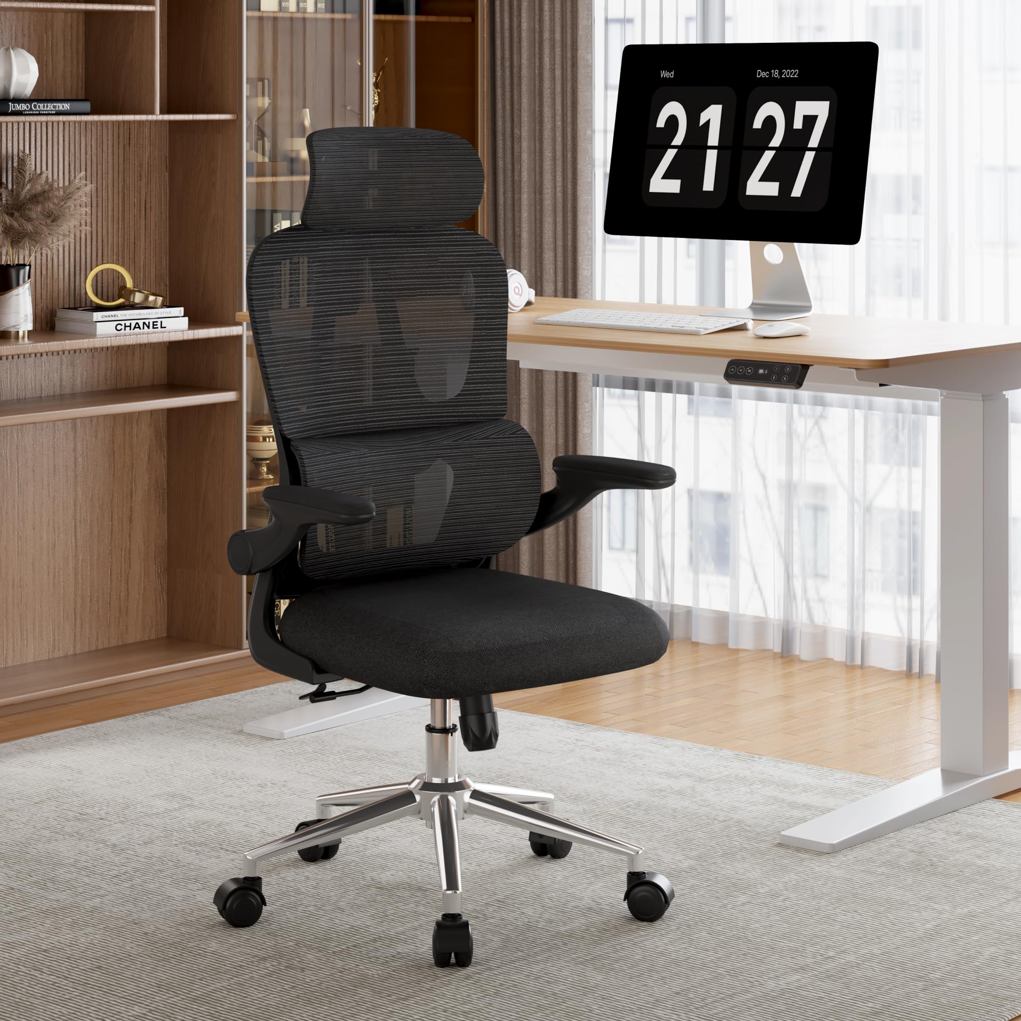 FLEXISPOTErgonomic Office Chair With Hanger Mesh Desk Chair With Height Adjustable Seat Headrest Armrest Lumbar Support and Caster Wheels (Dark Black)