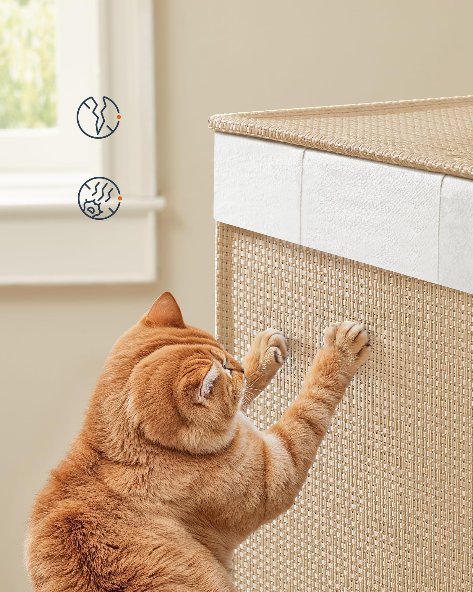 SONGMICS HOME 3-komorowy kosz na pranie, 140 l, rolowany sorter na pranie, z pokrywką, worek na pranie z uchwytami, do pralni i łazienki, naturalny beż i matowa biel LCB602N01