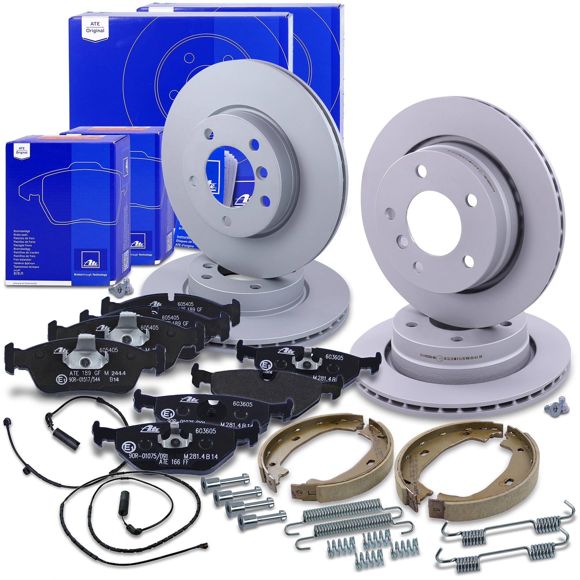 ATE Bremsenset inkl. Bremsscheiben vorne Ø 286 mm belüftet + hinten Ø 276 mm belüftet und Bremsbeläge vorne + hinten und Verschleißkontakt und Bremsbacken + Montagezubehör Kompatibel mit BMW 3er (E46)