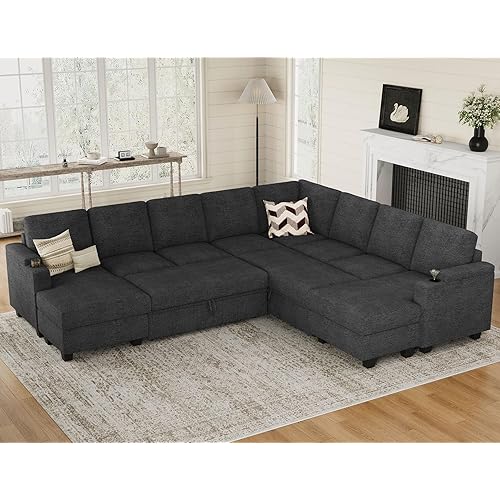 Belffin Oversized Sleeper Sofa U Shaped Modular Sectional Couch with Double Storage Chaise Convertible Sofa Bed. Dark Grey Couch