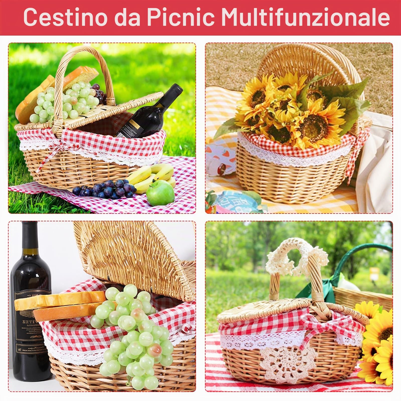 Cestino da Picnic in Vimini con Coperchio e Manico, Cestino in Vimini Intrecciato Pratico Cestino Ovale in Rattan per Picnic e Shopping