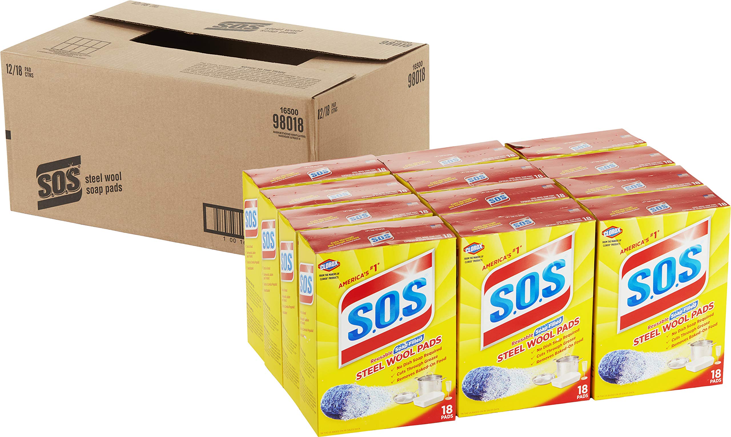 S.O.SSteel Wool Soap Pads, Home Cleaning Pads, Reusable Soap Scrubbers, Grease Cleaner, Outdoor, Bathroom or Kitchen Cleaning, 18 Count (Pack of 12)