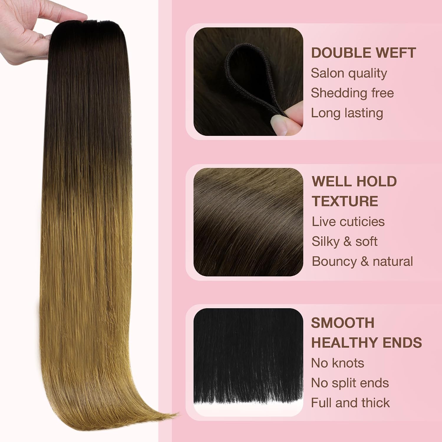  Sew in Hair Extensions Real Human Hair, Weft Hair Extensions Human Hair, 1D/2C/4E Chocolate Dip Color Melt 22inch 110g, Weft Bundles Straight Silky Remy Hair | Double Weft Hair Extensions, 1D/2C/4E Chocolate Dip Color Melt, Remy Hair Durable Wedding Party Daily Wear thumbnail