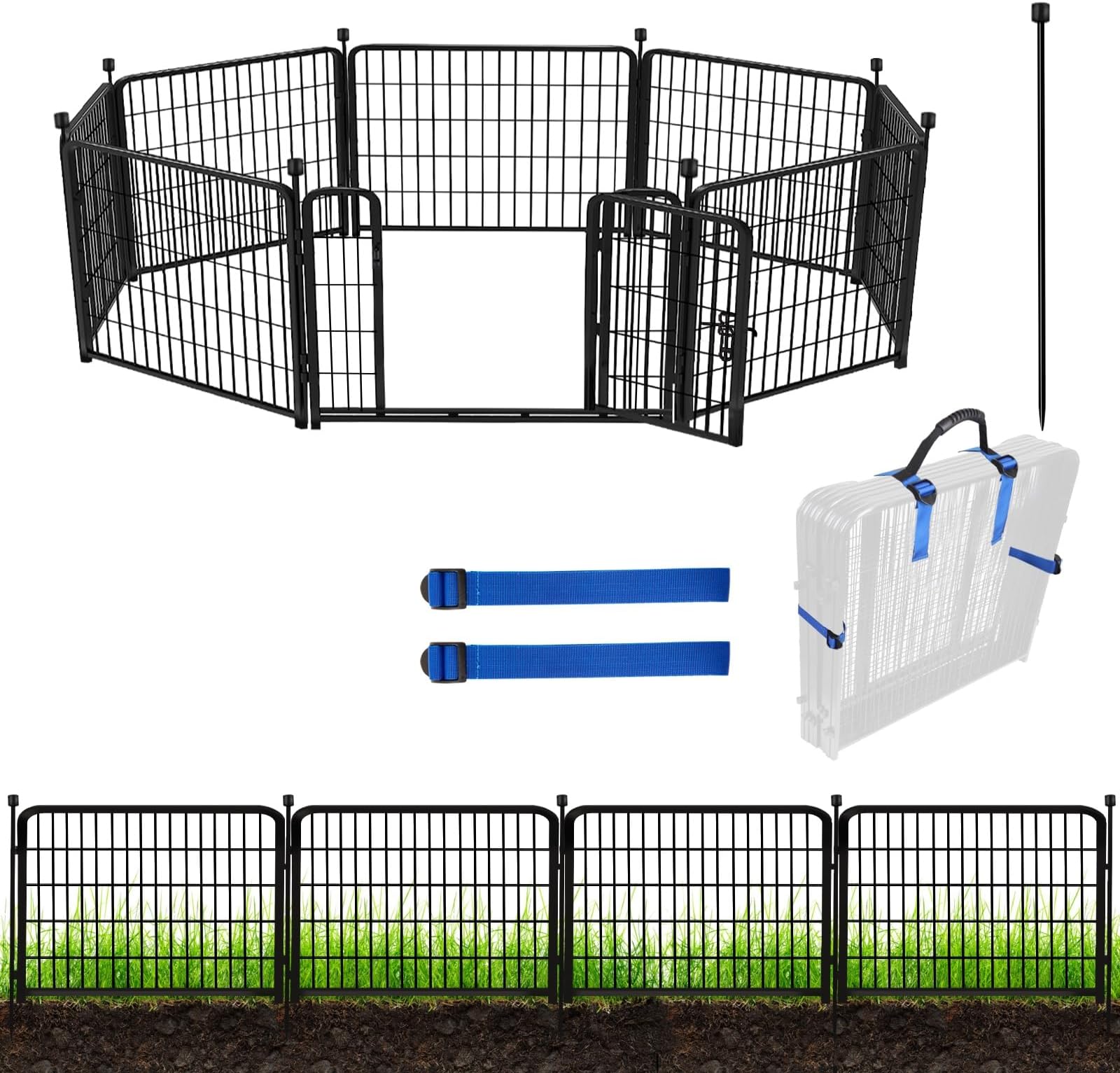 ADAVIN 24in(H) x 30in(W) Black Metal Garden Fence with Gate, 8 Panels, 19.7ft(L), Heavy Duty Iron, Animal Barrier, Dog Fence, Outdoor Yard, Temporary, No Dig Garden Border