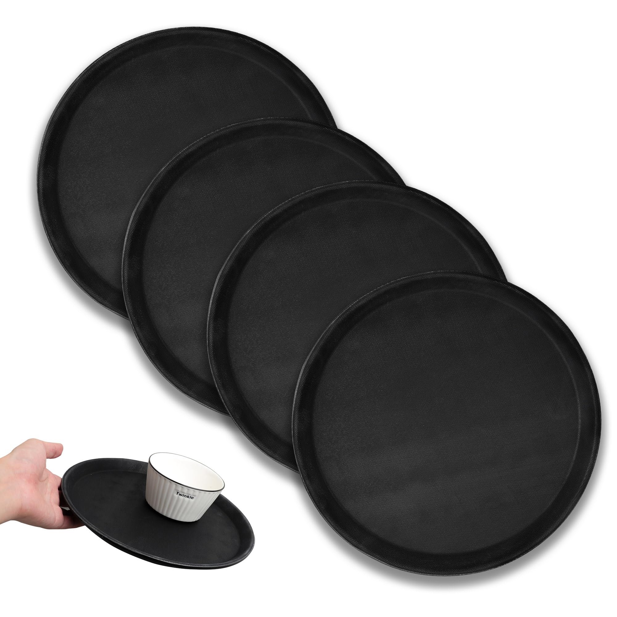 4 Pack Bar Tray for Drinks Non Slip, Round Serving Tray 11 inch Rubber, 28 cm Black Restaurant Serving Trays for Hotel Coffee Home Kitchen Party Waiters