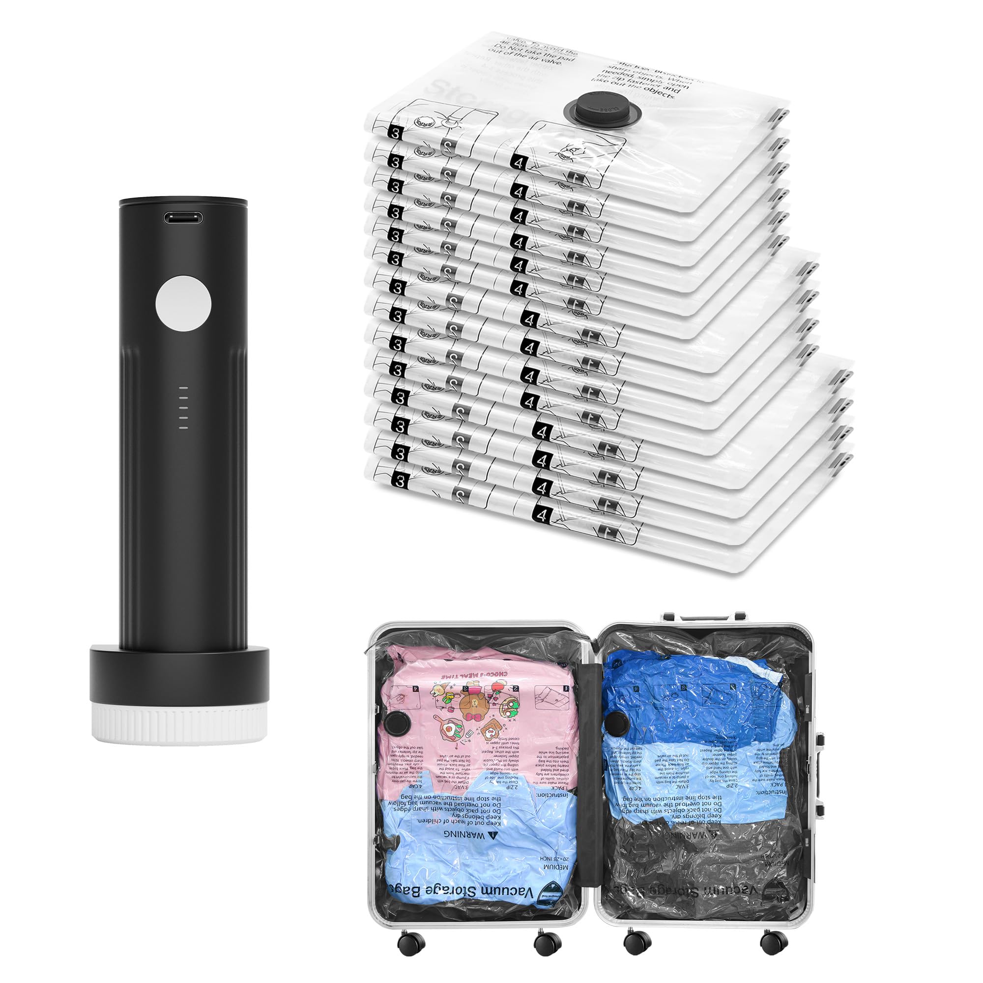 SUOCO Sacchetti sottovuoto da viaggio con pompa elettrica portatile, 14 combo (4L/4M/6S) cubi sigillanti a compressione per abbigliamento, valigie, organizer per bagagli, sacchetti salvaspazio per