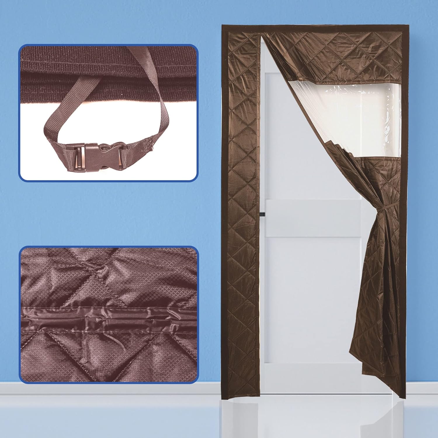 Insulated Curtain for Door 110x180cm Keeping Out Draft Auto Closer Door Curtain Self-Adhesive Tape for French Doors -Gray-A.